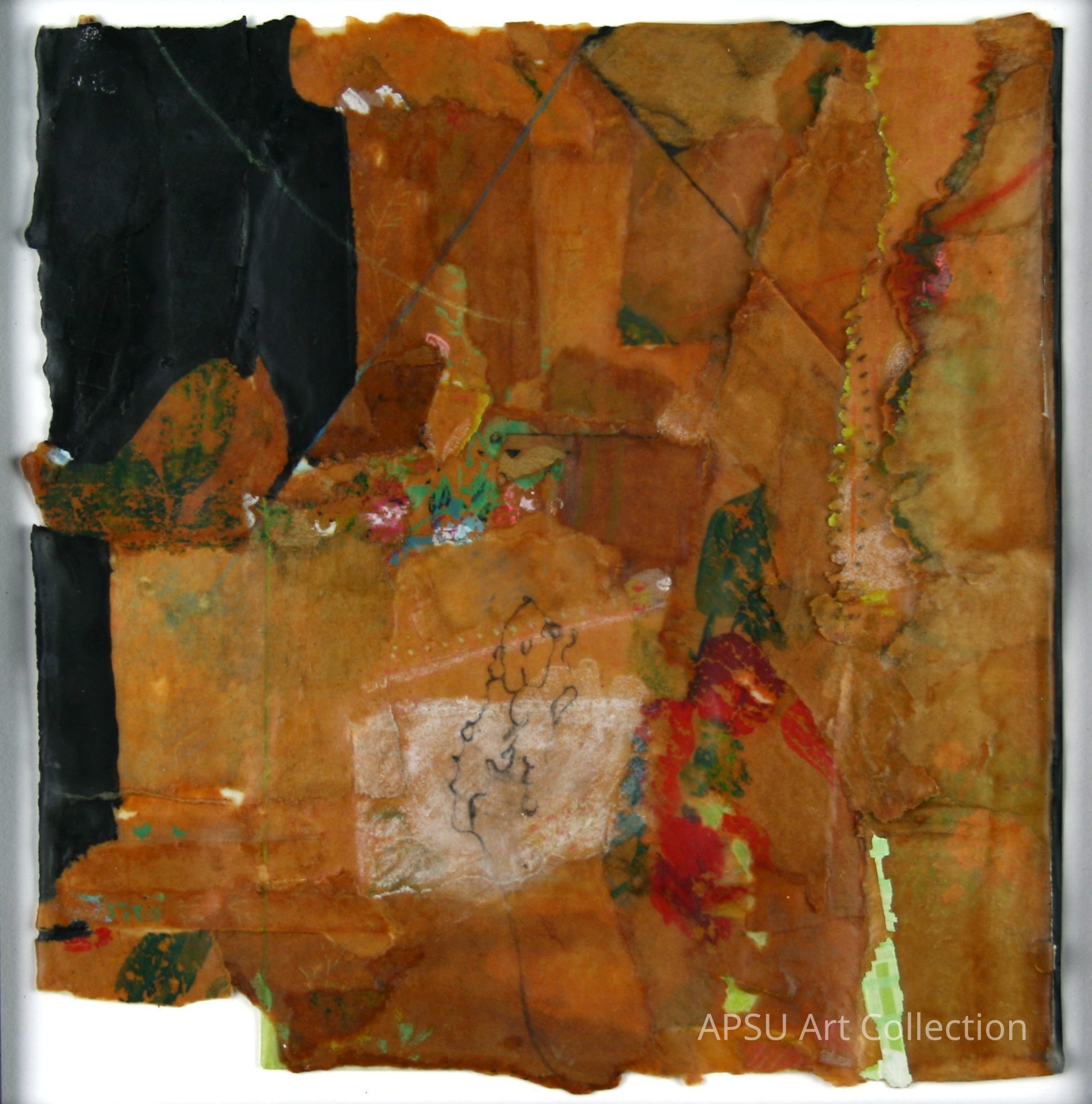 This image portrays an abstract artwork composed of various richly textured materials and layers featuring warm tones of orange and brown with patches of green, blue, red, and black. The piece showcases an intricately assembled collection of fragments possibly made from paper or fabric, characterized by a vivid, mixed-media construction that conveys depth and dynamic visual interest. Several stitched or drawn elements add intricate details, offering glimpses of patterns and scribbles that suggest an underlying narrative or decorative motif, contributing to the overall impression