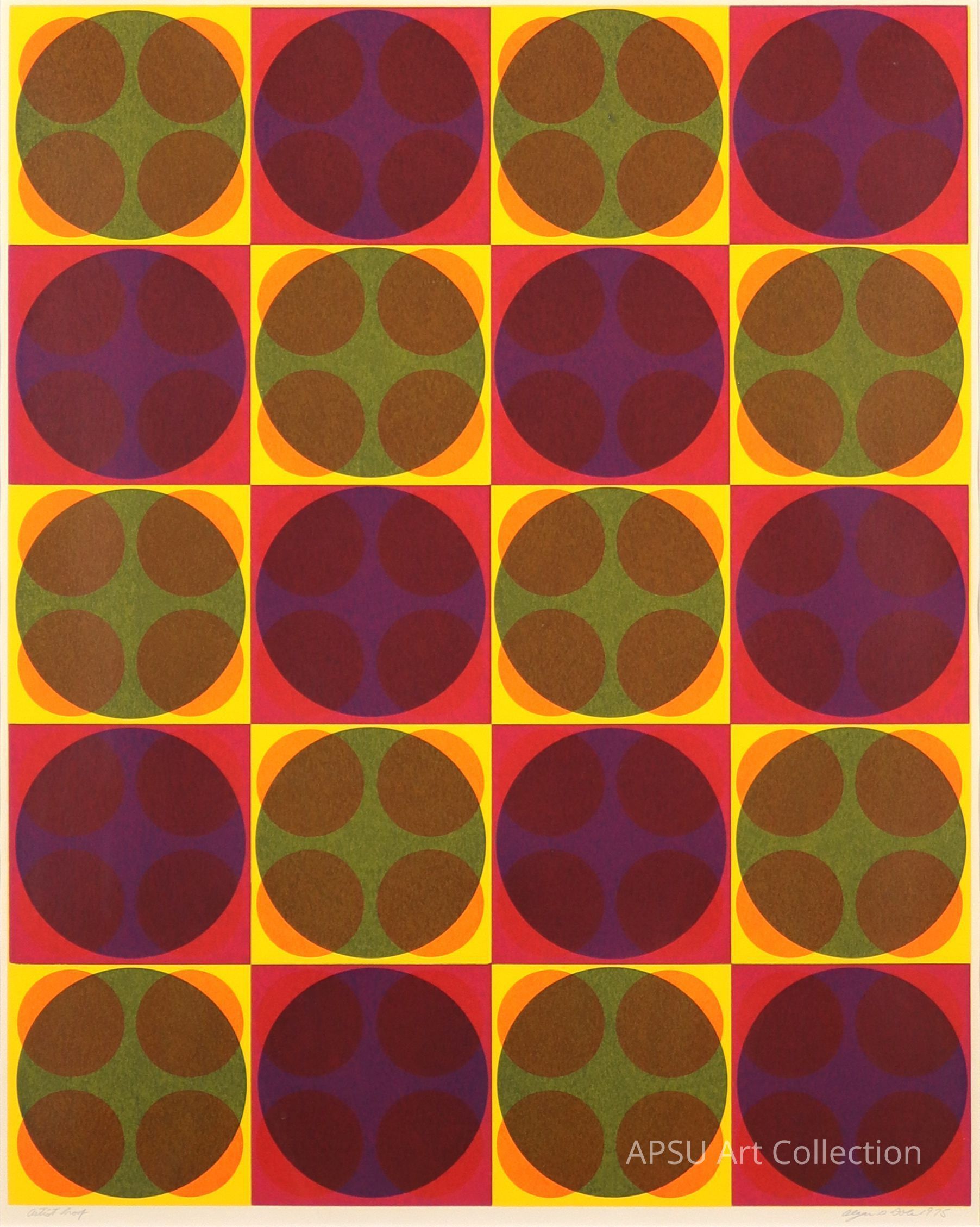 The image displays a grid of twenty identical square tiles, each featuring a pattern of four overlapping circles set against a vibrant red, orange, and yellow background. The circles are colored in a combination of earthy greens and rich purples, creating a visually striking contrast with the warm background tones, evoking a sense of rhythmic repetition and bold color play.
