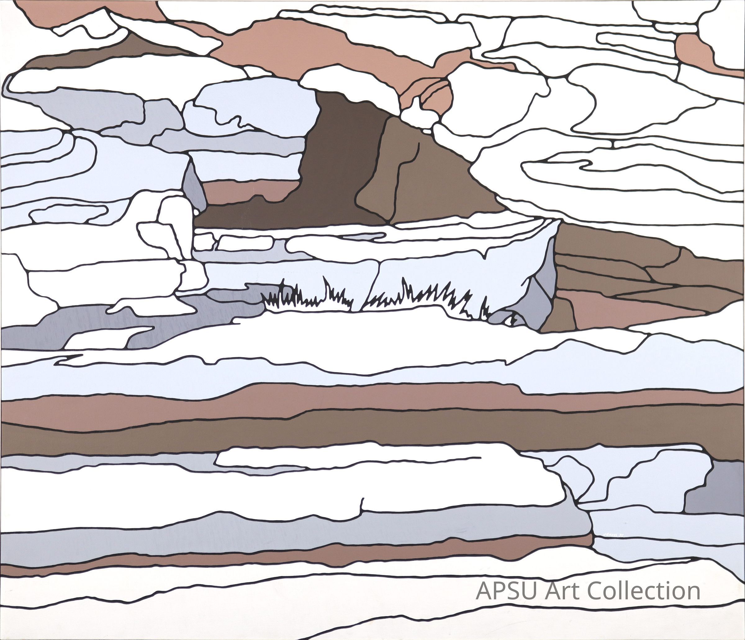 The image showcases a stylized, abstract illustration mimicking a natural landscape with layered rock formations, presented in a palette of soft, earthy tones such as whites, grays, browns, and tans, bordered by clean black outlines that define the separate sections and textures of the rocks; in the central part of the artwork, a tuft of grass or vegetation emerges from between the strata, adding a touch of green and life to the otherwise barren and desolate scene.