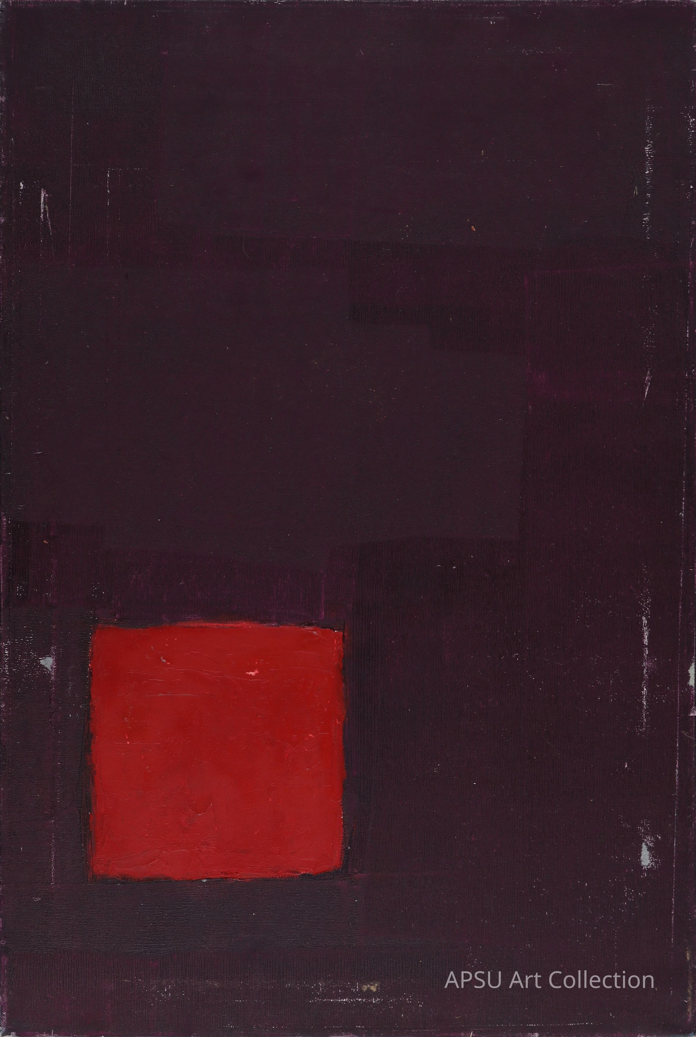 The image shows an abstract painting dominated by a deep black background with a prominent red square located near the lower left corner, evoking a sense of minimalism and stark contrast, which captures the viewer's attention through its bold use of color juxtaposition, potentially symbolizing themes of isolation or focal intensity; the rough texture and uneven edges of the red square add a dynamic, raw feel to the otherwise stark and solid composition, inviting contemplation on the intersection of form and emotion within abstract art.