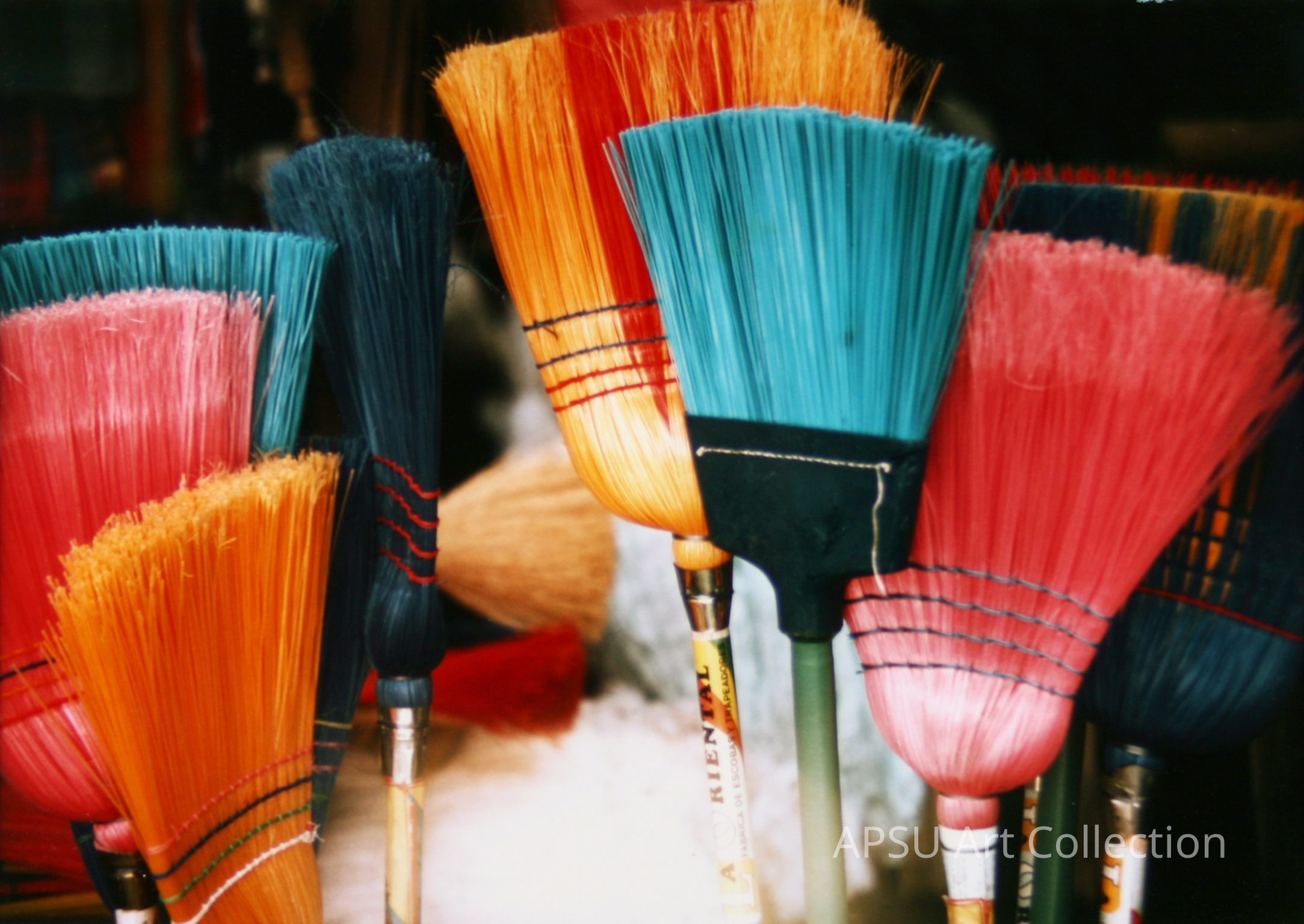 The image captures a vibrant array of brooms standing upright, each flaunting bristles in vivid hues of orange, blue, pink, and green, and accented with unique decorative elements like painted handles and woven bindings, arranged neatly to showcase an alluring spectrum of colors that hints at their utility and decorative appeal in daily settings. This colorful array not only highlights the practical use of these items for cleaning but also emphasizes their aesthetic variations, lending a picturesque charm to everyday tools.