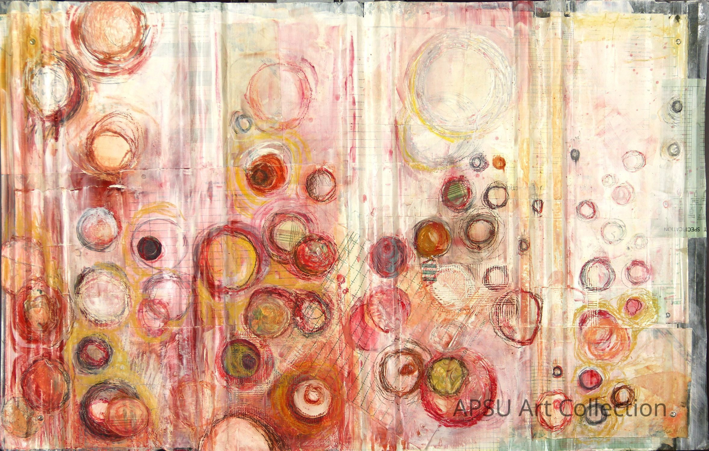 The image features a vibrant abstract painting dominated by a series of concentric circles in varying sizes and colors, primarily in warm hues such as reds, oranges, and yellows, with accents of white and black. The background consists of soft, layered textures that appear to be a mixture of different materials, adding depth and complexity to the composition. The circles overlap and interact dynamically, creating a sense of motion and energy. The use of color and form suggests an exploration of harmony and chaos, inviting the viewer.