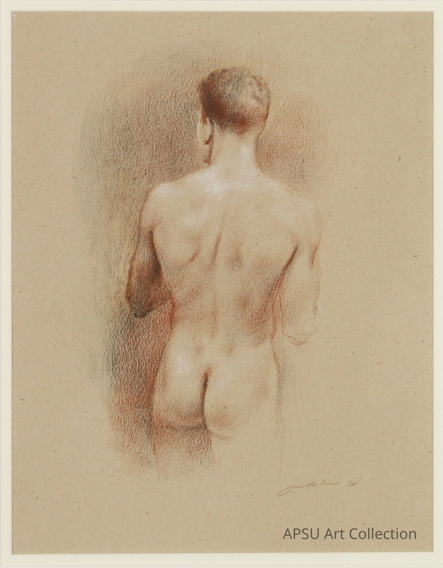 The image depicts a piece of art portraying the back view of a naked man, drawn skillfully with red and brown hues on a beige background, emphasizing the smooth contours and muscles of his back and arms. The artistic shading highlights the figure’s defined physique, creating a sense of depth and realism. Signed by the artist at the bottom right, the drawing focuses on anatomical details and the subtle interplay of light and shadow, echoing classic studies in human anatomy and figure drawing.