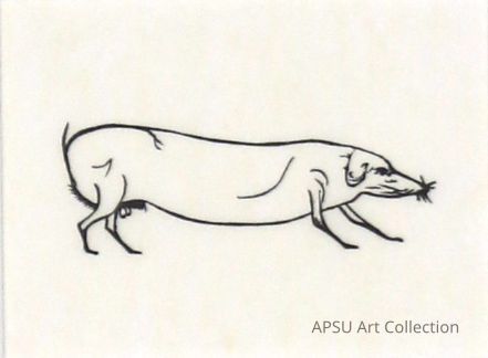 The image shows a minimalist line drawing of a dog with an elongated and simplified body, capturing the essence of a dachshund. Its head features a pointy snout and whiskers, while its legs are stubby, emphasizing the breed's distinctive shape. The drawing is set against a plain, light-colored background, highlighting the simplistic yet evocative style of the artwork. With its exaggerated proportions, this portrayal of the dog offers a playful and whimsical interpretation.