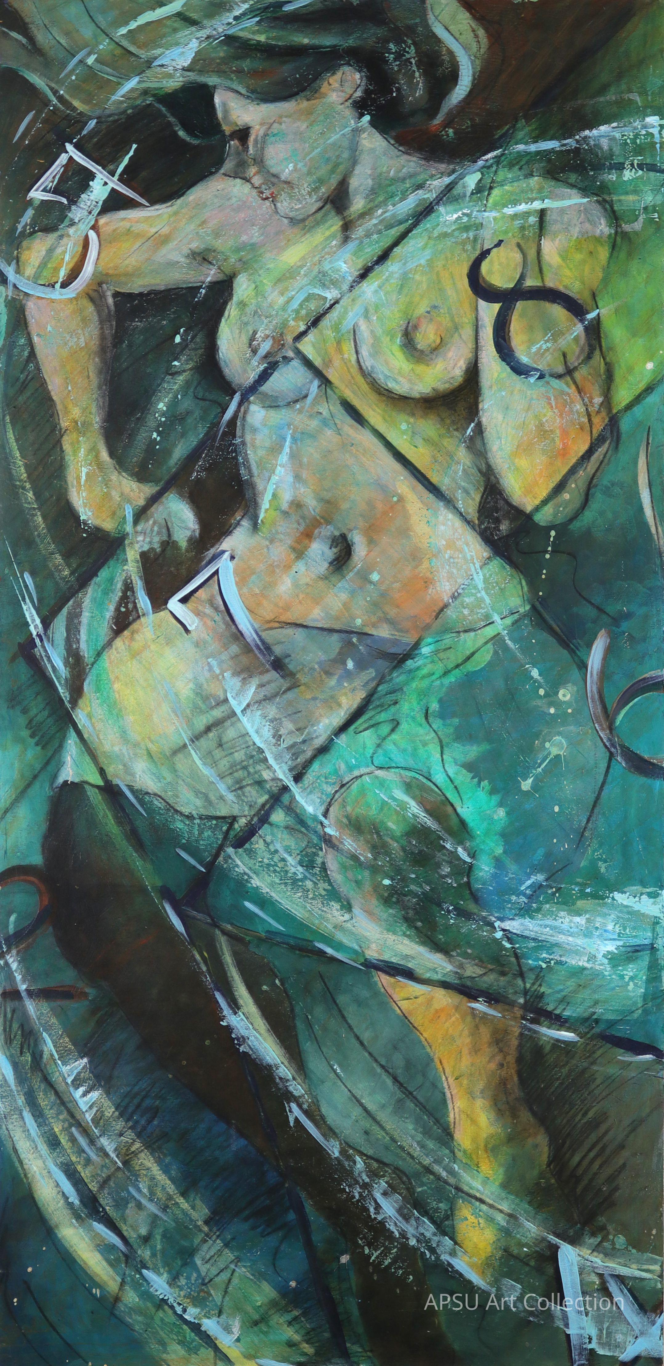 The painting depicts an abstract and dynamic portrayal of a figure in motion, with swirling and intersecting lines in the background that create a sense of movement and energy, while the use of earthy and muted tones enhances the fluidity and complexity of the composition, as the subject's form blends seamlessly with the surrounding colors, evoking a feeling of harmony and integration within the chaotic yet balanced environment, highlighting the mastery and creativity of the artist in capturing the essence of movement and emotion through the interplay of shape and color.