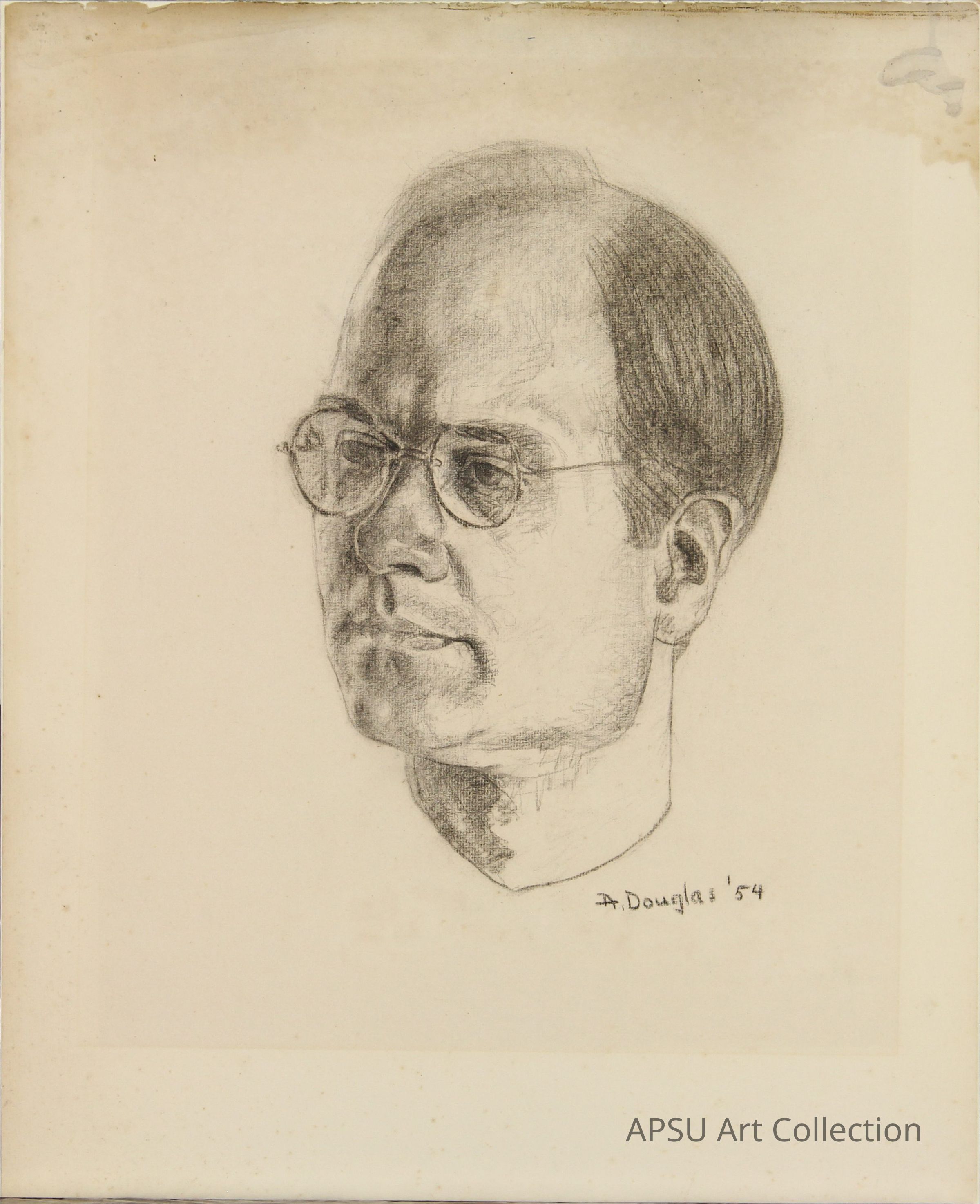 The image depicts a detailed pencil sketch of a man with glasses, showcasing a thoughtful expression. The sketch captures subtle facial contours, with a slight shading that adds depth and character to his visage. His gaze appears to be slightly off to the side, suggesting contemplation or introspection. The texture of the hair and glasses is finely rendered, conveying realism. The signature "D. Douglas '54" is present at the bottom, indicating the artist and date of creation. The overall composition is simple yet impactful.