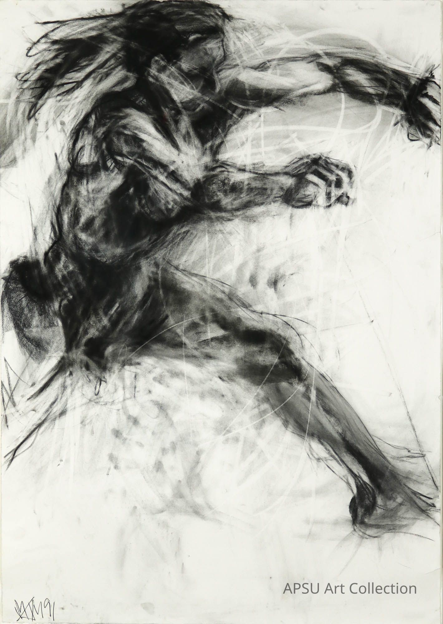 This dynamic and expressive charcoal drawing depicts the fluid movement of a human figure, captured mid-motion with swirling lines and energetic strokes, conveying a sense of speed and intensity as the person appears to be engaged in a powerful, forward-thrusting action, with their extended arms and legs suggesting a moment of vigorous physical activity, possibly running or leaping, while the sketchy background highlights the motion through abstract, ghost-like traces, enhancing the sense of rapid movement and highlighting the contrast between the dark figure and the background.