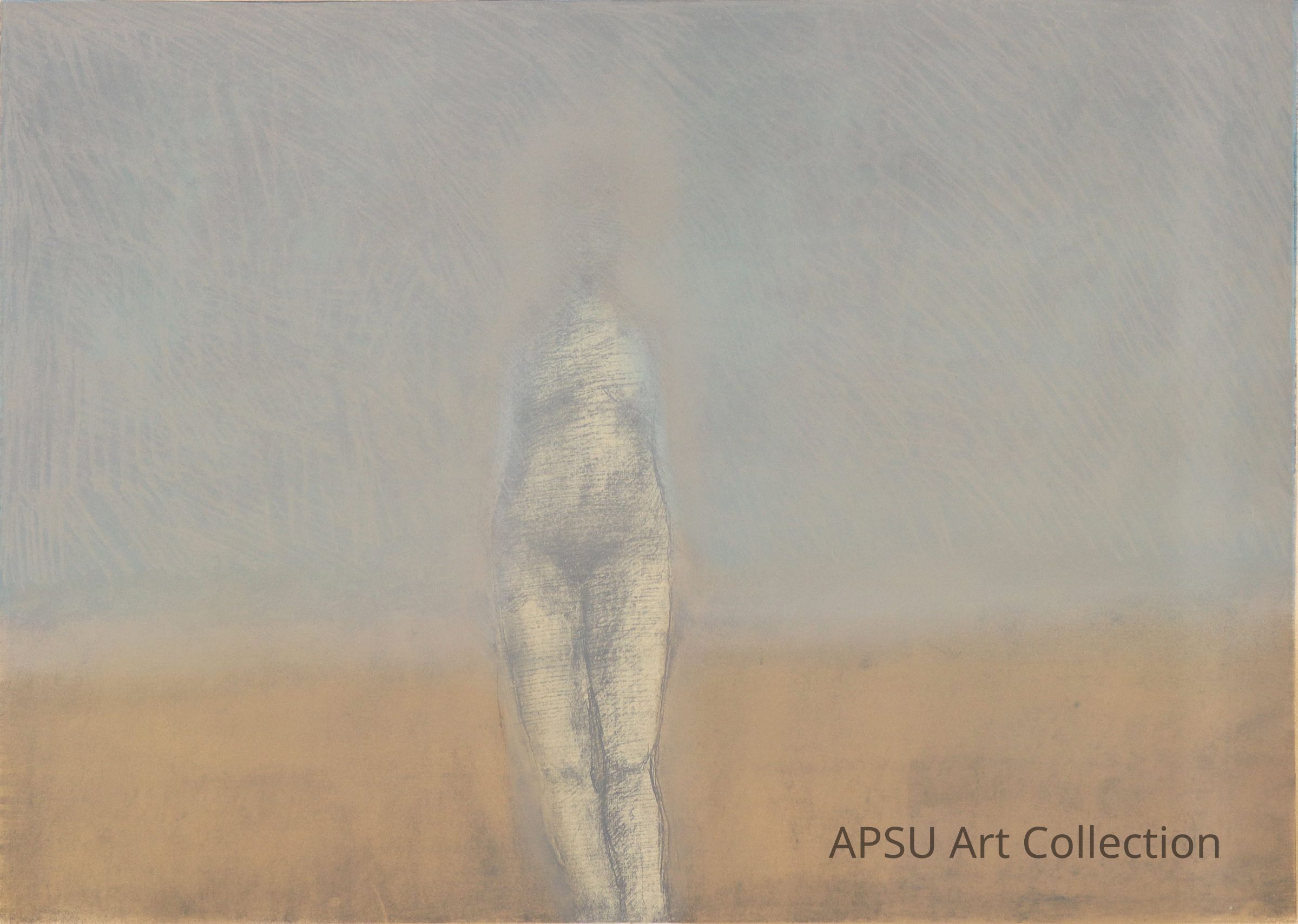 The abstract image presents an ethereal figure, rendered in soft, muted tones of beige and gray, standing in a vast, indistinct landscape that blurs the boundaries between the sky and the earth, creating a dreamlike atmosphere; the figure appears to be gently emerging from or dissolving into the background, suggesting themes of transition, ambiguity, and the ephemeral nature of existence, as the delicate interplay of light and shadow outlines the contours of the form in a way that gives it a ghostly presence.