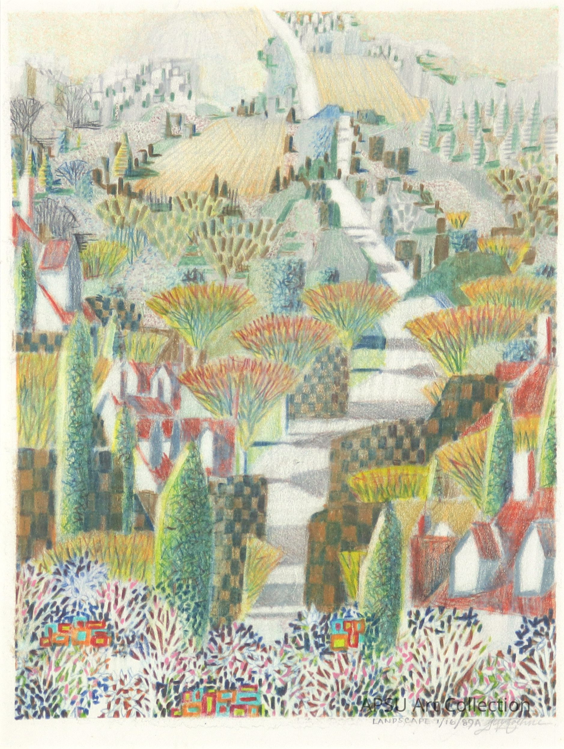 The image presents a colorful, abstract landscape, featuring a variety of geometric shapes and patterns that form stylized trees, bushes, and buildings, all rendered in soft pastel hues; the composition creates a sense of depth and movement as the elements blend seamlessly, suggesting a harmonious and vibrant countryside scene.
