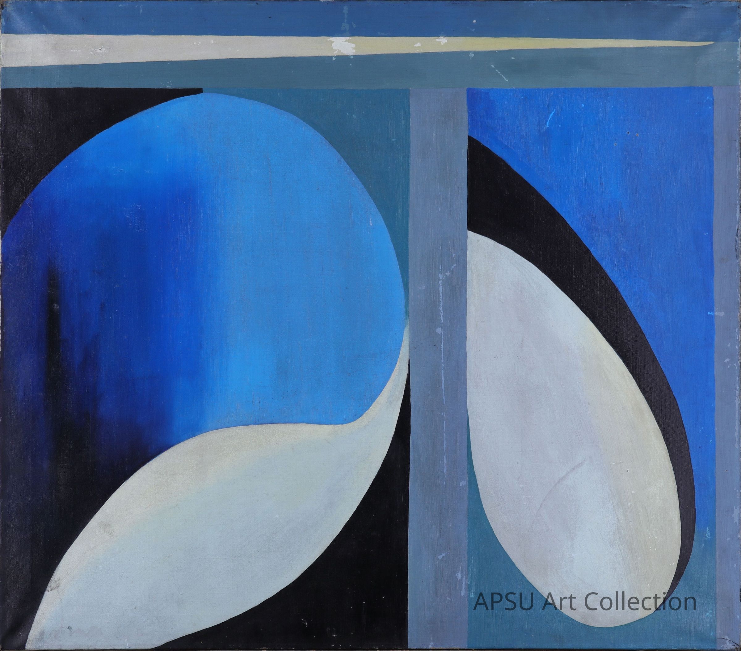 The image depicts a modern abstract painting featuring a blend of geometric and organic shapes, primarily utilizing deep blue tones with contrasting white and grey shades. On the left side, there is a large curved form resembling a partial ellipse or crescent, juxtaposed against a rectangular background, creating a sense of depth and movement. The right side of the painting displays another elongated oval shape tilted inwards, divided by a vertical line that subtly echoes the themes of division and symmetry.