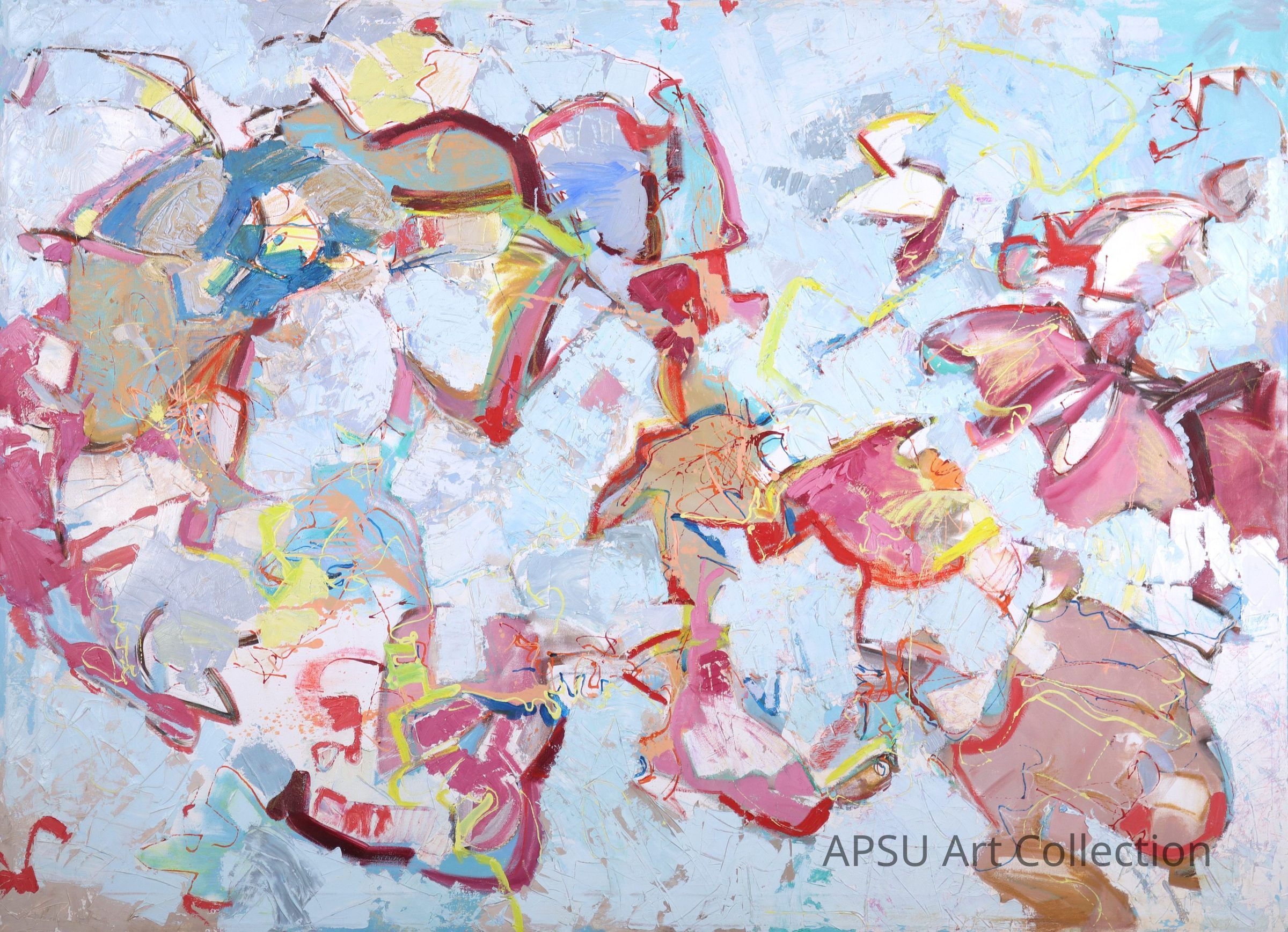 This abstract painting showcases a vibrant and energetic composition of swirling shapes and colors, featuring a dynamic blend of pinks, blues, reds, yellows, and whites, with various brushstrokes and textures creating a sense of movement and complexity; the forms intermingle and overlap across the canvas, inviting viewers to interpret their meaning and evoke emotions, while the interplay of colors and lines introduces a lively and harmonious atmosphere, where bold and soft hues contrast and complement each other, drawing the eye across different sections.