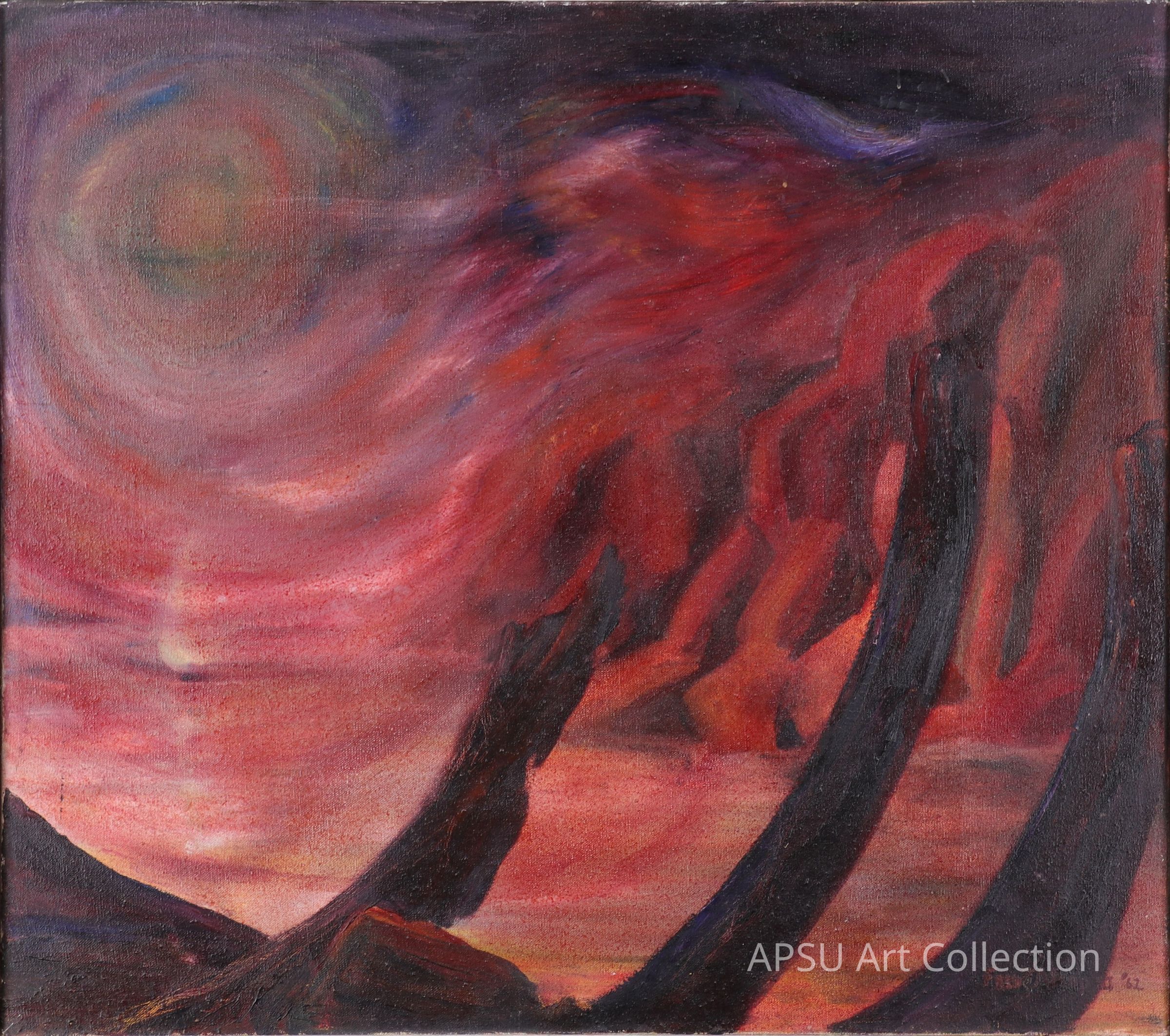The image depicts an abstract painting filled with deep red and black hues, creating a dramatic and intense atmosphere. The swirling patterns evoke a sense of chaotic energy and movement, as if capturing the raw power of a turbulent storm or cosmic event. In the foreground, there are dark, curved shapes that rise ominously, adding a sense of mystery and depth. The blending of colors creates a fiery appearance, suggesting themes of destruction or transformation.