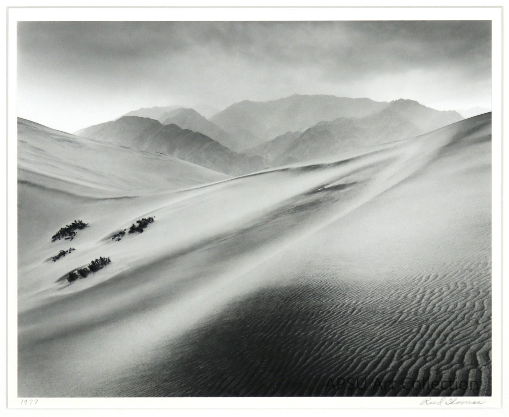 This black and white photograph depicts a striking landscape of sand dunes, complemented by sparse vegetation and a mountainous backdrop, enveloped in a soft haze that lends the scene an ethereal quality. The image expertly plays with light and shadow, subtly highlighting the textured patterns in the sand while creating a serene, almost surreal atmosphere.