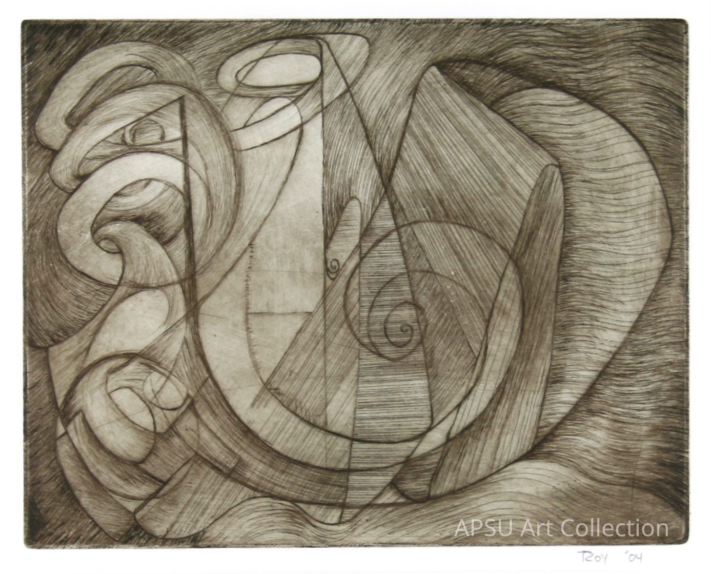 The artwork is an abstract composition featuring a series of swirling, interconnected lines and shapes that create a sense of dynamic movement and depth within the piece. The design comprises various curves and geometric forms, including spirals, triangles, and rectangles, all intricately woven together to form a cohesive, harmonious whole. The piece uses a monochromatic palette with shades of brown, enhancing the textural quality and depth of the etching. The lines vary in thickness, contributing to the visual interest and contrast in the image, while the background is filled with subtle waves that create an undulating effect.