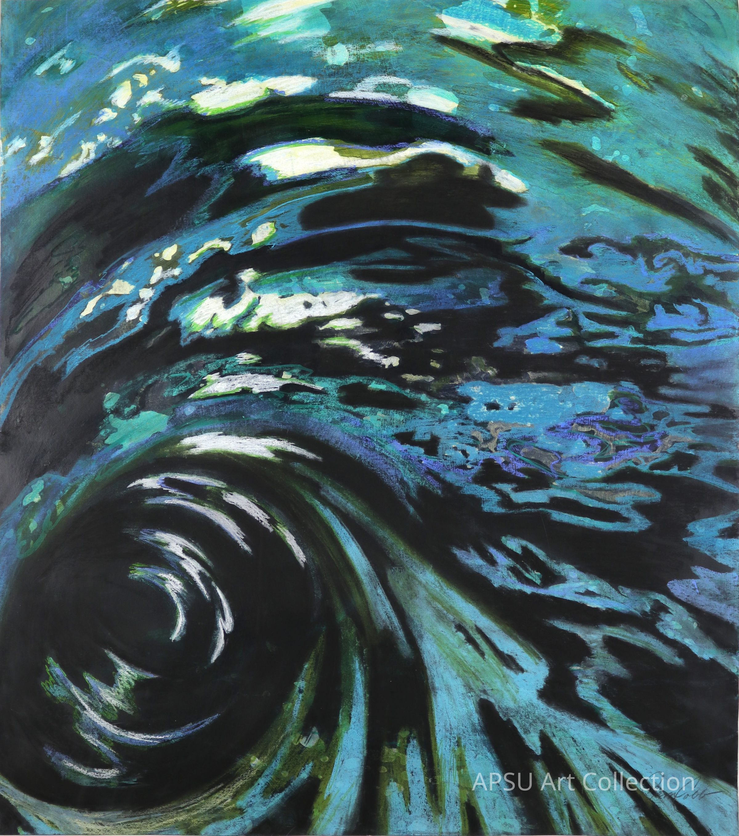 The image depicts an abstract representation of swirling water, with dynamic waves and eddies painted in vibrant shades of blue and green, creating a sense of movement and depth; the artist skillfully uses light and shadow to enhance the fluidity, evoking the natural power and ethereal beauty of the ocean in a mesmerizing visual exploration that captures the viewer's imagination, inviting them to immerse themselves in this artistic interpretation of nature's ever-changing and mysterious aquatic dance.