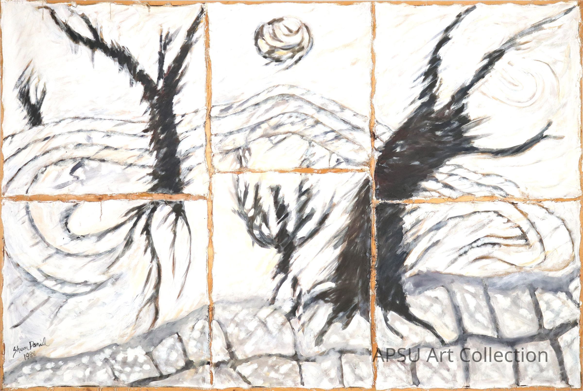 The image is an abstract painting divided into six uneven panels, depicting a dynamic scene with stark, black tree-like forms against a textured white background. Swirling patterns resemble a turbulent sky, possibly including a crescent moon or sun at the top center. The rough brushstrokes and contrast create a sense of motion and energy, with the landscape suggesting rocky terrain beneath.