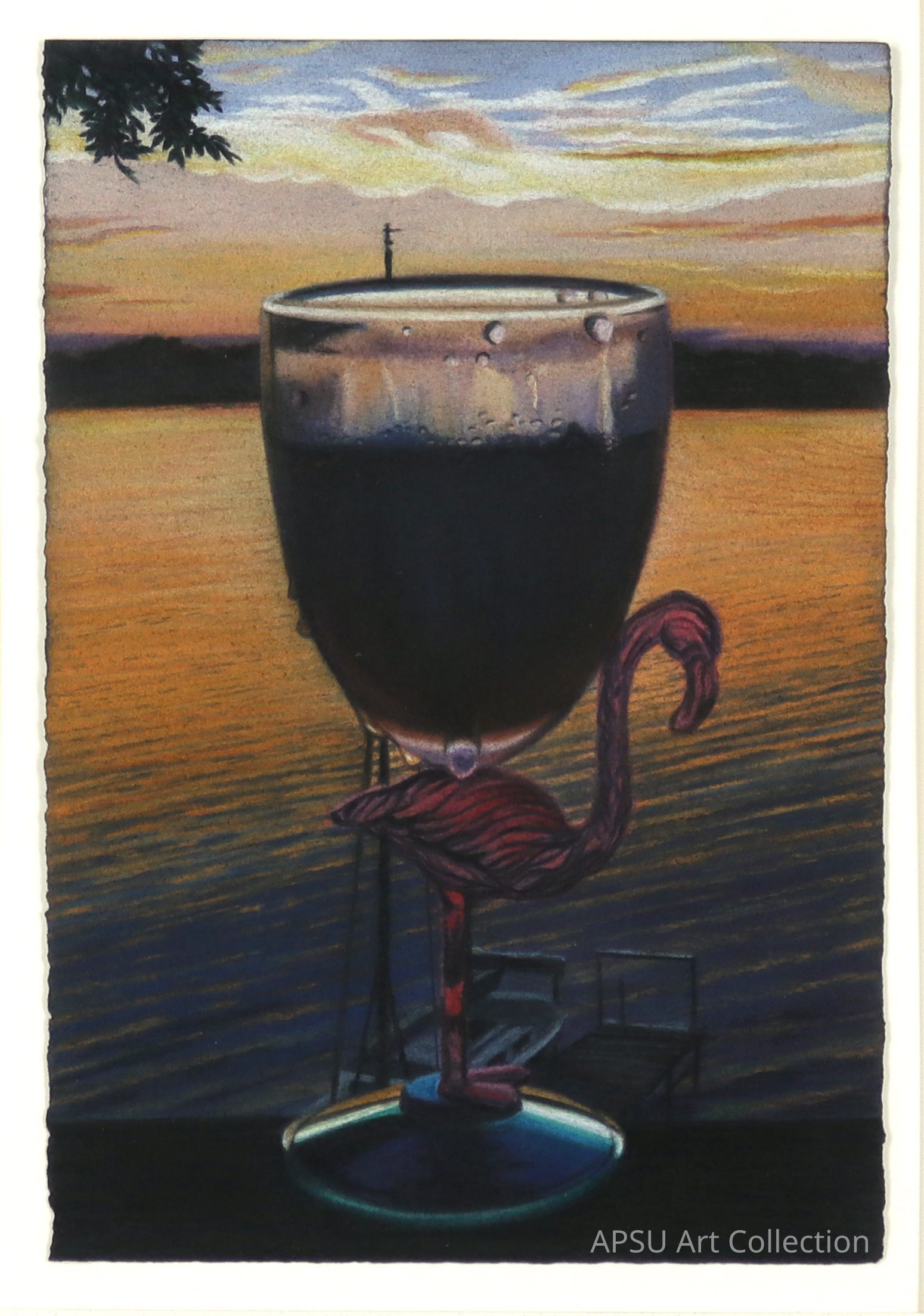 A captivating image depicts a serene sunset over a tranquil body of water, with the sky painted in warm hues of orange, pink, and blue, as a unique wine glass with a flamingo-shaped stem takes center stage in the foreground; the glass is filled with a dark liquid, with droplets clinging to its surface, reflecting the surrounding colors, while a silhouetted tree branch and distant horizon line create a harmonious composition, evoking a sense of calm and relaxation as the day transitions into night.