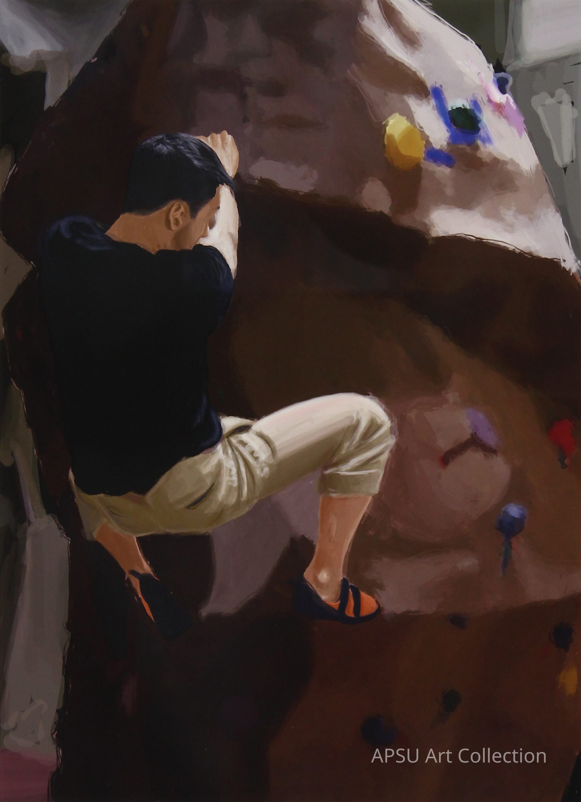 The image depicts a person engaged in indoor rock climbing, wearing a dark shirt and light pants, as they grip and ascend a large, textured climbing wall equipped with colorful holds; this scene captures a moment of focused determination and physical effort, illustrating the climber's commitment to navigating the challenging angles and surfaces inherent in the climbing environment, while the lighting highlights the various textures and colors of the wall, adding depth and intensity to the athlete's experience as they meticulously plan their next move upward.