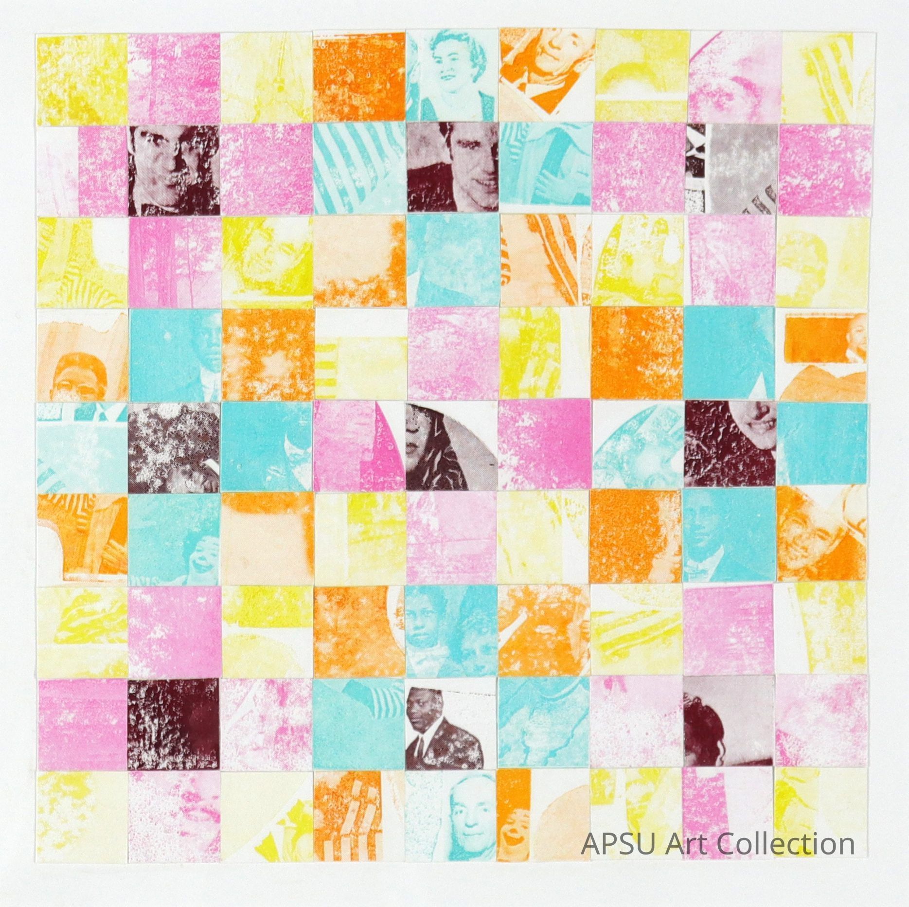 The image is a colorful mosaic of numerous small squares arranged in a grid pattern, each featuring designs and partial images of faces in vibrant colors such as pink, orange, yellow, and blue. Some squares contain monochrome elements, creating a dynamic contrast with the bright hues surrounding them. The overall composition appears abstract yet hints at human expression by incorporating facial features and subtle textures, inviting viewers to piece together the fragmented visuals into a cohesive narrative or interpretation, showcasing a playful yet thoughtful design.