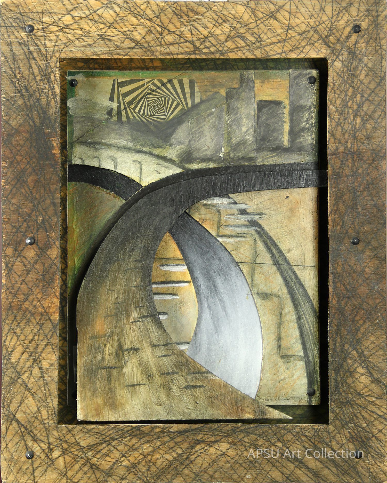 The artwork features an abstract composition with curving, intersecting roads or paths rendered in shades of gray and beige, set against a textured backdrop that suggests a cityscape and cloudy sky. The scene is framed by a scratched, wooden border. A black-and-white spiraling pattern appears in the upper background, drawing the viewer’s attention with its bold contrasts. The piece combines geometric and organic elements, creating a dynamic sense of movement and depth, inviting interpretation and contemplation of its urban and surreal qualities.