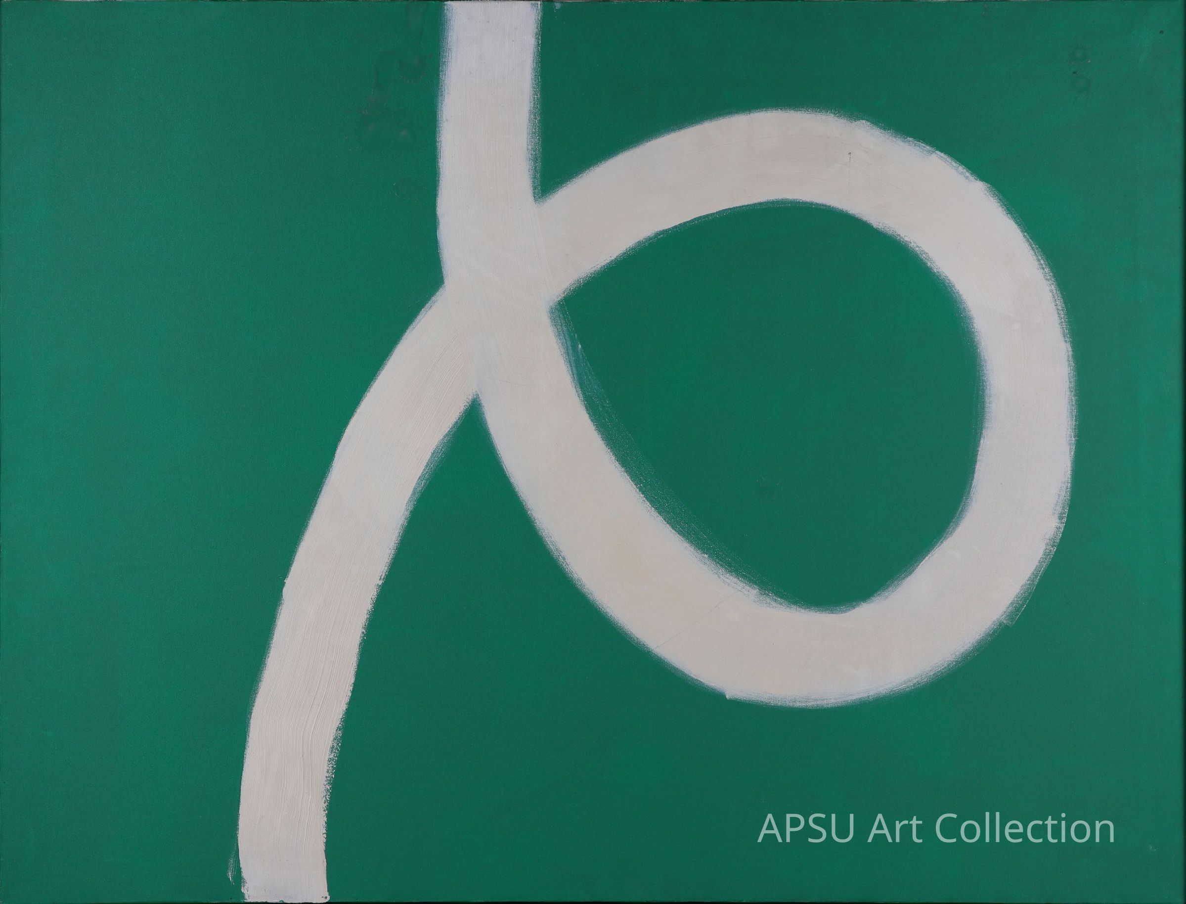 The image displays a minimalist painting featuring a large, bold, white abstract line on a solid green background, where the line curves smoothly and creates a loop-like shape resembling an elongated 'b'. This simple yet striking composition emphasizes the elegant fluidity of the line against the contrasting backdrop, conveying a sense of movement and balance. The artistic approach invites viewers to interpret the form and meaning subjectively, highlighting the beauty in simplicity through its abstract representation.