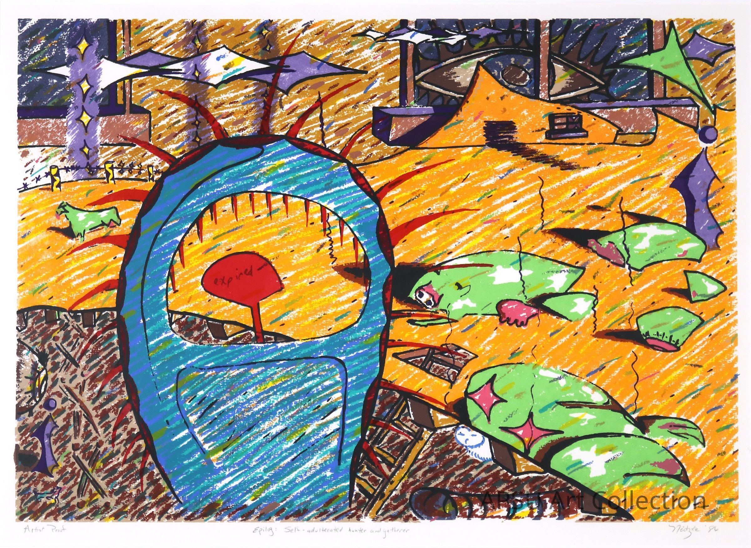 The image is a colorful artwork featuring a chaotic scene with vivid orange and blue hues, a large central structure with an “expired” sign inside, green shapes resembling fish scattered on the ground, purple and brown geometric elements, and a background with an eye-like figure and jagged patterns, creating a dynamic and visually arresting composition filled with energy and movement, evoking a sense of complexity and disorder through its vibrant color palette and diverse forms.