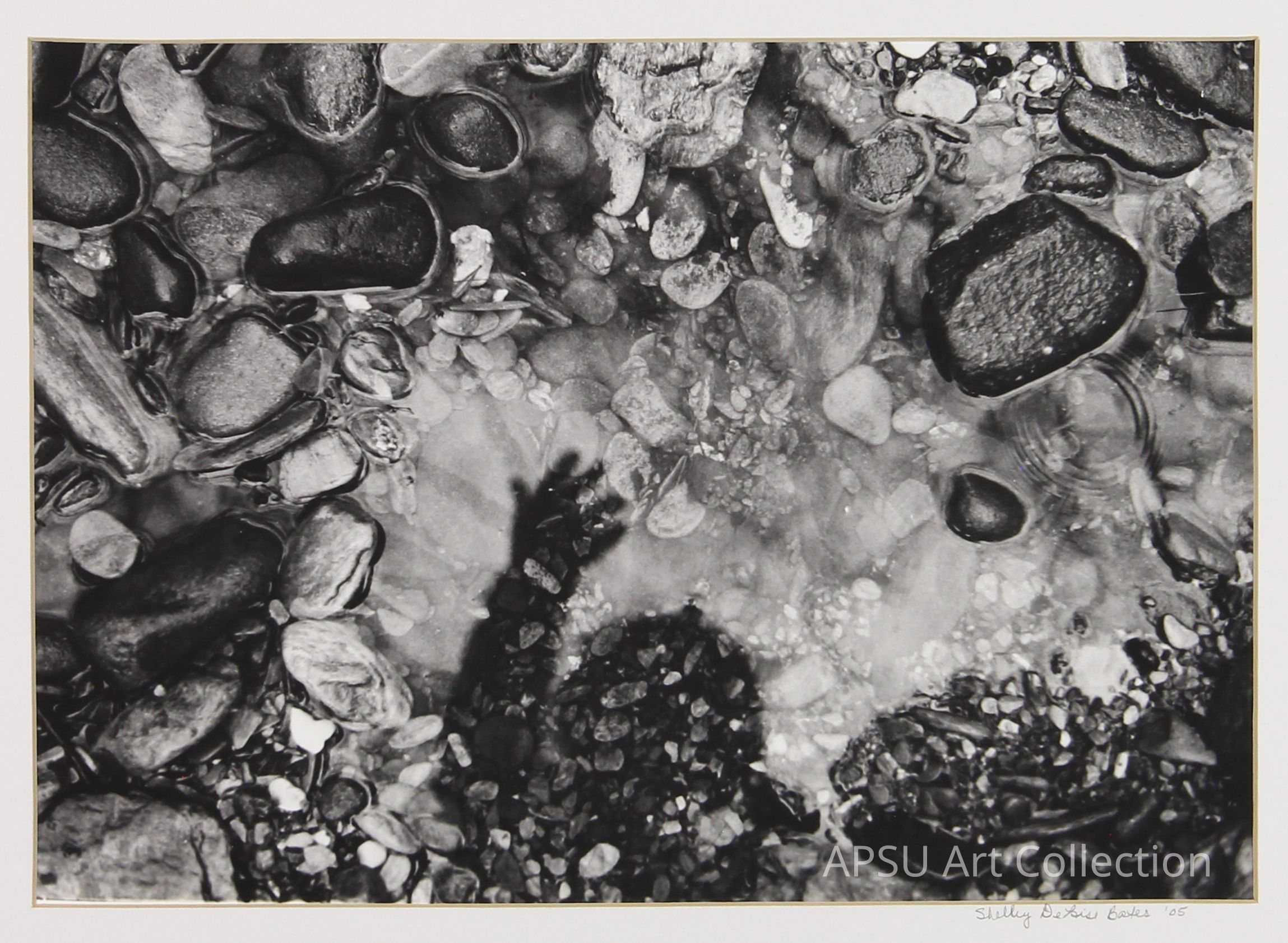 In this black and white photograph, a small, clear body of water is filled with various smooth stones and pebbles, creating an intricate pattern; the shadow of an outstretched hand reaches across the rocks, its fingers splayed, appearing in the delicate ripples, adding a mysterious and dreamlike quality to the scene, while the distinct textures and varying sizes of the stones contrast with the subtle distortion of the water’s surface, emphasizing the interplay between shadows and reflections.