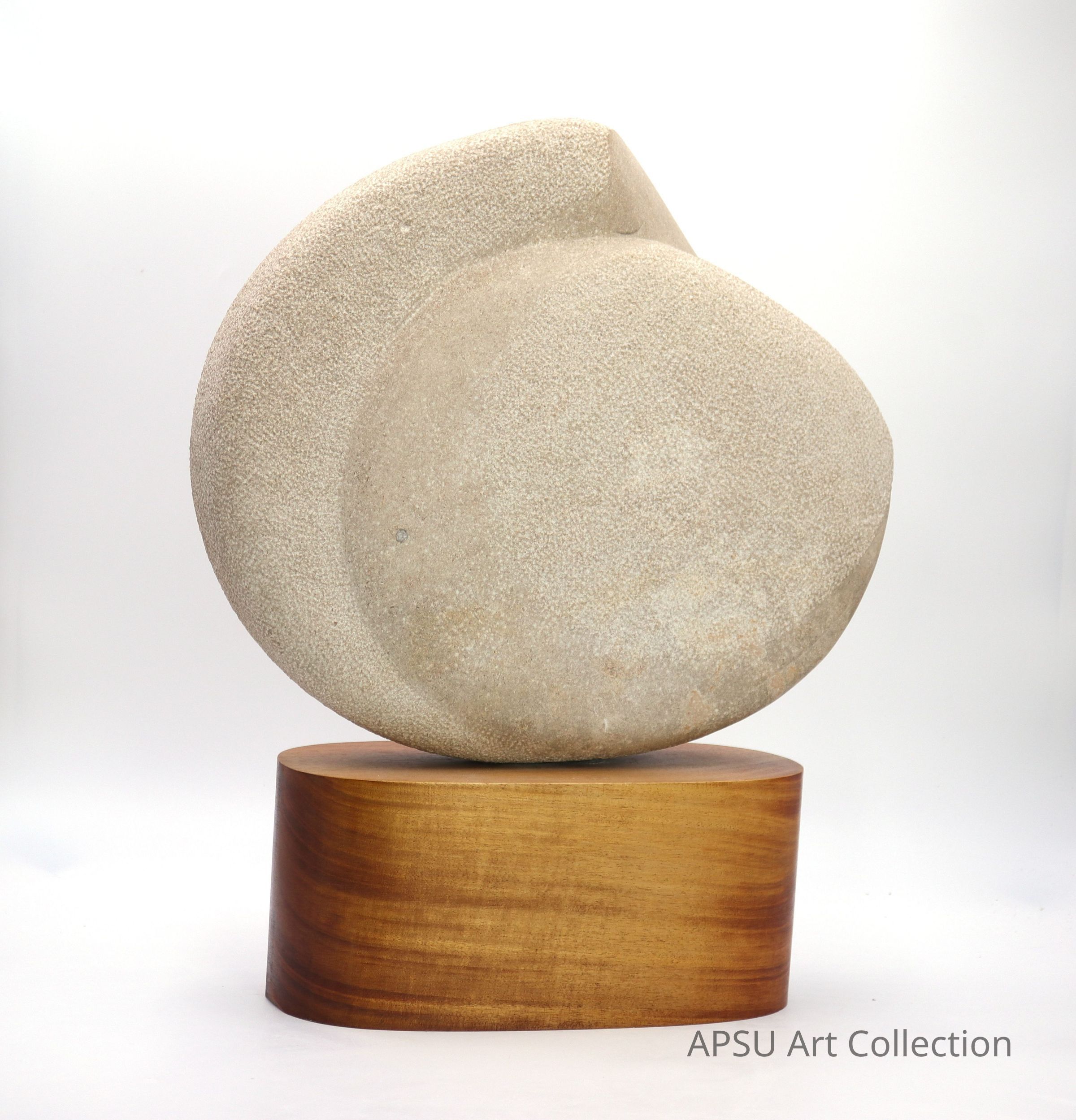 The image showcases a smooth, abstract stone sculpture with an organic, rounded form, elegantly perched on a polished wooden base with a warm brown hue, set against a plain white background, highlighting the texture and colors of the materials; its minimalist design and gentle curves create a sense of balance and harmony, evoking a feeling of tranquility and simplicity, while the juxtaposition of natural elements—stone and wood—contributes to its aesthetic appeal.