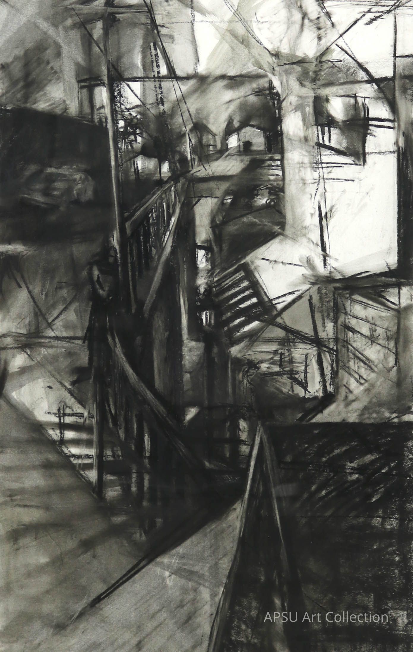 The abstract black and white artwork depicts a complex urban scene, characterized by a chaotic arrangement of lines and shapes that suggest architectural elements like buildings and staircases, creating a mysterious and dynamic composition with a strong play of light and shadow, guiding the viewer's eye through the intricate, multilayered cityscape while evoking a sense of depth and movement, all encapsulated within the seemingly disordered yet profoundly structured visual narrative.