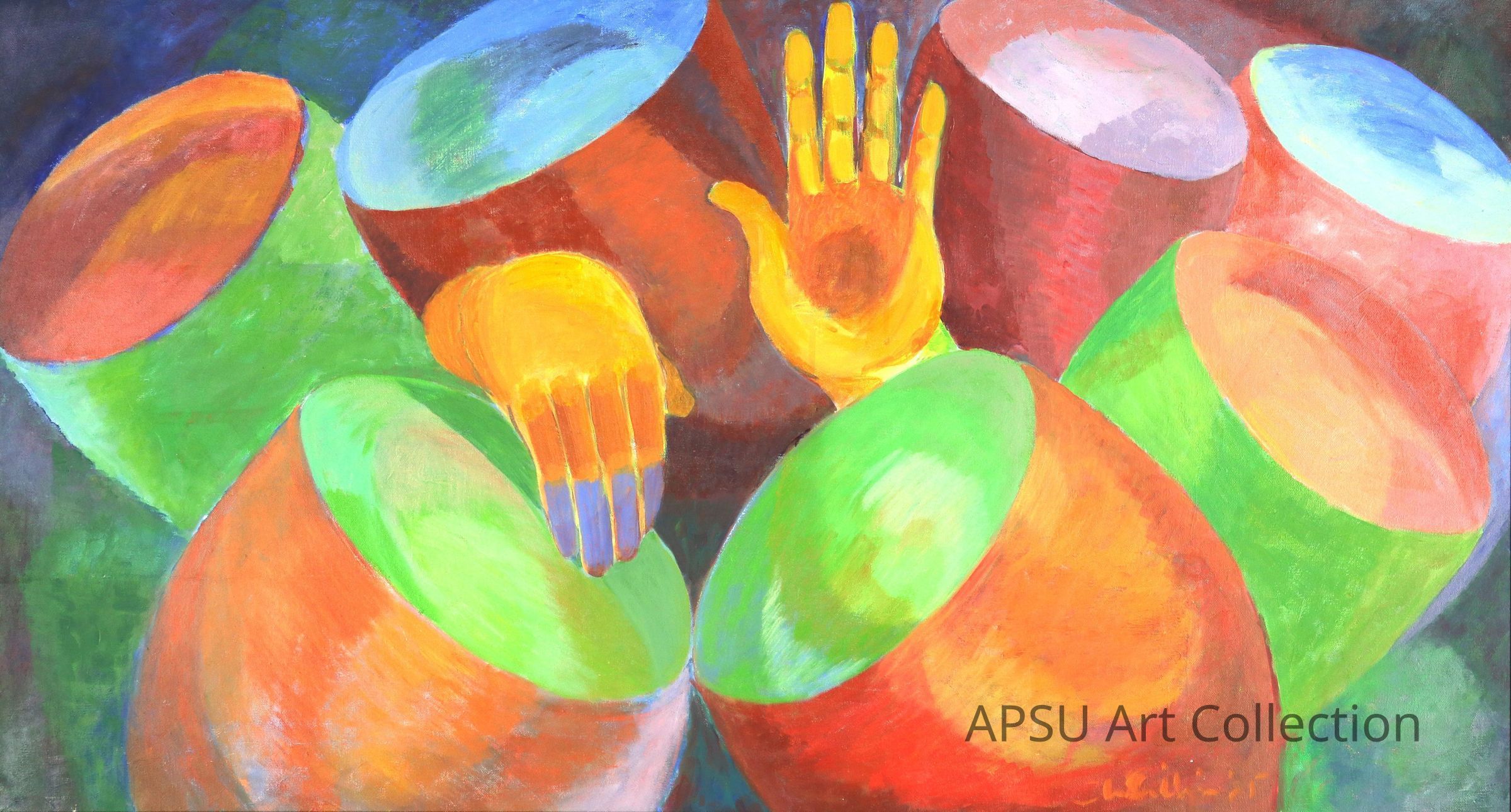 The image is an abstract painting depicting colorful, overlapping cylindrical shapes in vibrant hues of green, blue, orange, and red, with two stylized hands, painted in bright yellow, positioned among the cylinders, creating a dynamic and visually engaging composition that draws the viewer's attention to the contrast between the shapes and the expressive use of color, inviting interpretation and evoking a sense of rhythm and movement, reminiscent of a musical or artistic performance where the hands appear to interact harmoniously with the surrounding forms.