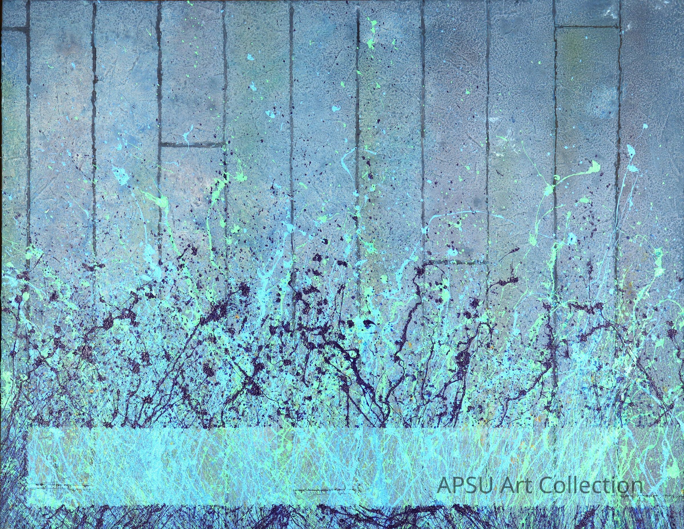 The image showcases an abstract artwork featuring a textured gray backdrop reminiscent of concrete, overlaid with sporadic splatters of vibrant green, blue, and black paint that appear to cascade upward, imbuing the piece with dynamic energy and movement. The vertical lines in the background suggest a structured, grid-like pattern, providing a stark contrast to the chaotic and lively paint splatters in the foreground.