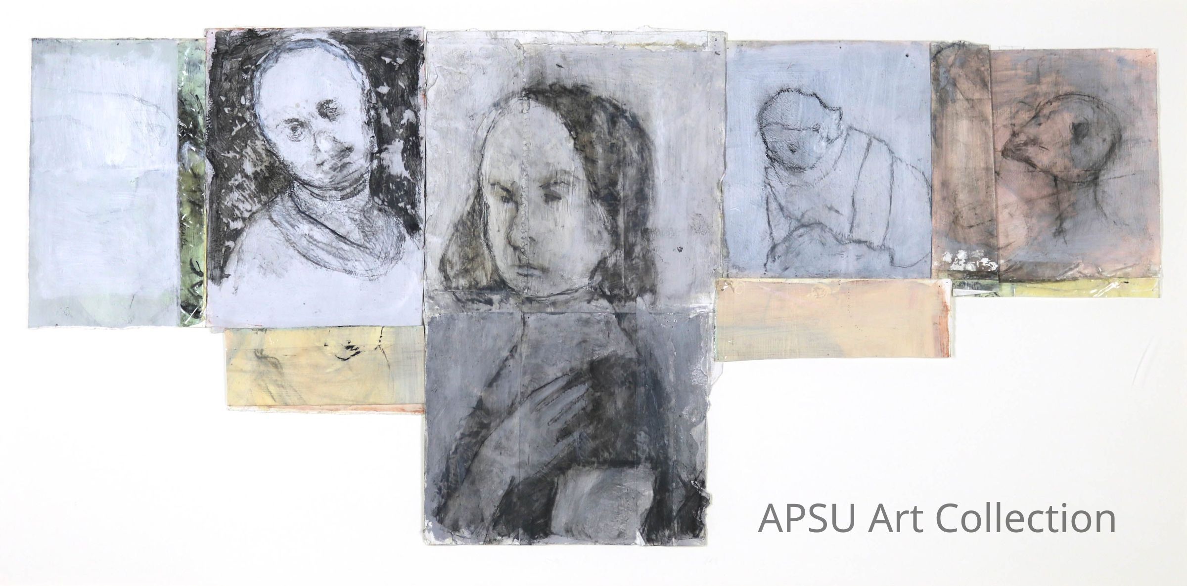 The image features a collage of five abstract and haunting portrait sketches, predominantly in grayscale but with subtle hints of color in places. Each portrait is distinct, yet they share a unified style, characterized by rough, expressive lines that suggest a sense of vulnerability and introspection. The central figure is larger and more detailed, with somber eyes gazing downward, conveying deep emotion. Surrounding sketches appear more unfinished, sketched minimally, adding to the haunting quality of the collective work.