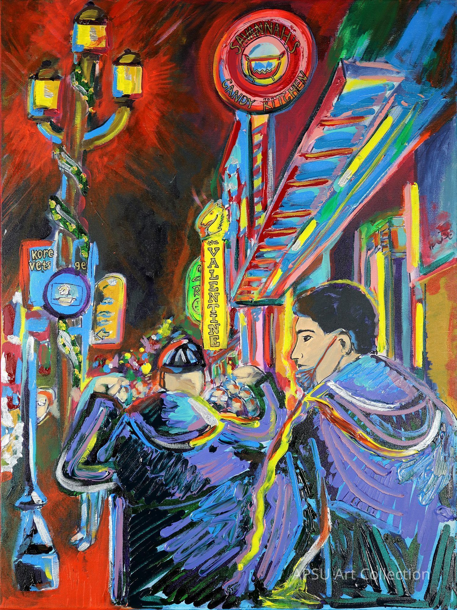 This vibrant painting showcases a lively street scene filled with expressive, colorful strokes, portraying characters in dynamic poses among eclectic signs, including one that prominently features "Savannah's Candy Kitchen." The scene is alive with energy and movement, with a rich palette of reds and blues complementing the intricate details on signs and street elements, creating an immersive and captivating depiction of an urban environment.