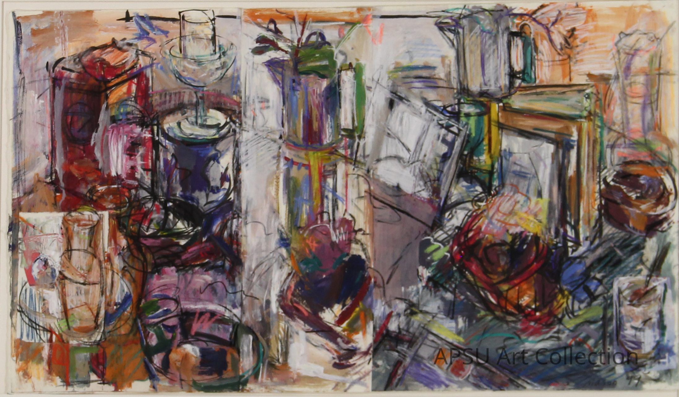 The image depicts a vibrant, abstract painting featuring chaotic brush strokes and vivid colors that suggest a cluttered table setting with various items such as glasses, bowls, and possibly flowers, all blending into an expressive and dynamic composition. The artwork teems with movement and energy, resonating with the disorder and beauty of a bustling still life scene, executed in a free and unrestrained style that captures the artist's spontaneous and emotive approach to painting.
