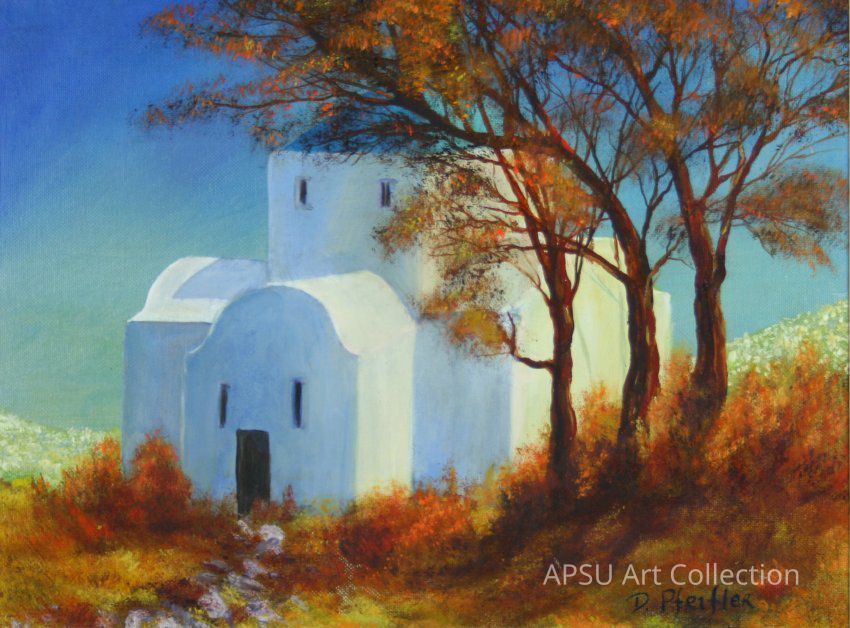 The image depicts a serene and picturesque landscape featuring a small, charming white building with domed architecture, nestled amid a vibrant autumnal setting, characterized by tall trees with orange and red foliage. The building stands prominently against a clear blue sky, exuding an aura of tranquility and peace, as the sunlight casts gentle shadows, enhancing the vivid hues of the scene. The composition is balanced by the interplay between natural elements and human construction, creating a harmonious and inviting atmosphere.