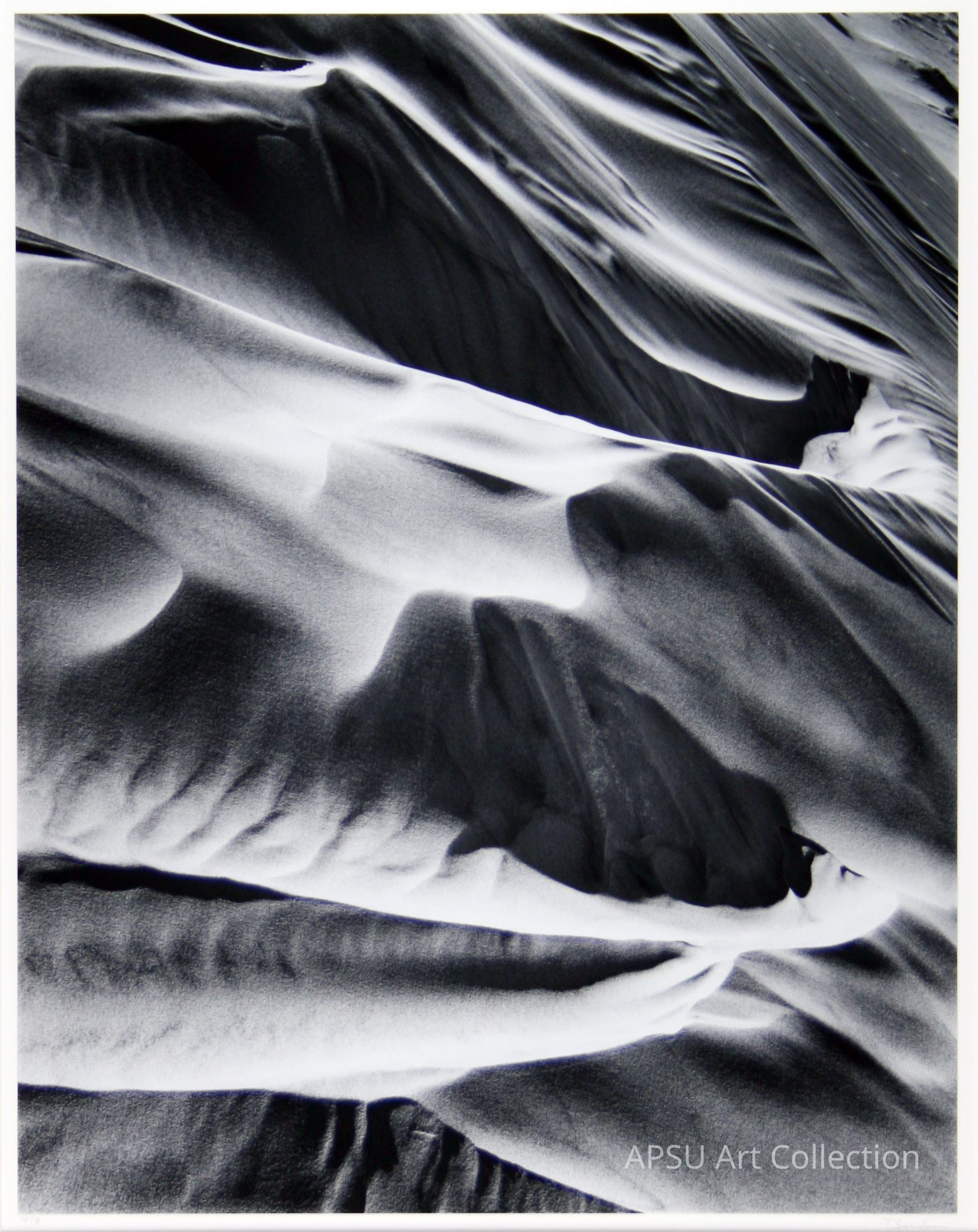This captivating black and white photograph captures the intricate and flowing patterns created by wind-sculpted sand dunes, showcasing the delicate interplay between light and shadow that highlights the smooth, undulating surfaces and sharp ridges, evoking a sense of serene, natural beauty and timeless elegance.