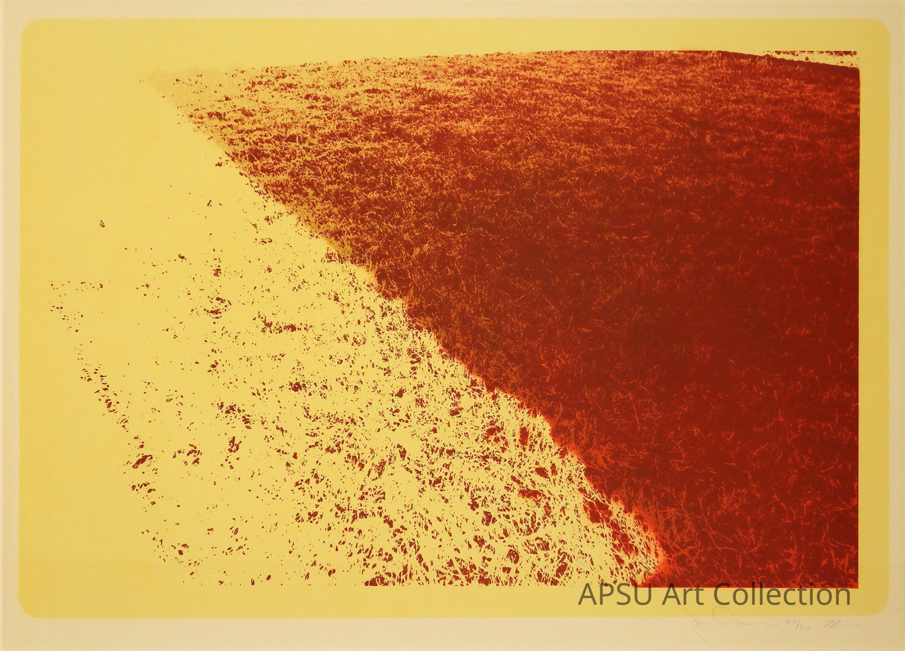 This image features an abstract yellow and red print depicting a gradient transition from sparse speckles on the left to a densely textured red zone on the right, framed within a yellow border, creating a visually striking contrast. The artwork, signed at the bottom right corner, uses a limited color palette to evoke a sense of depth and movement, highlighting the interplay between light and texture.