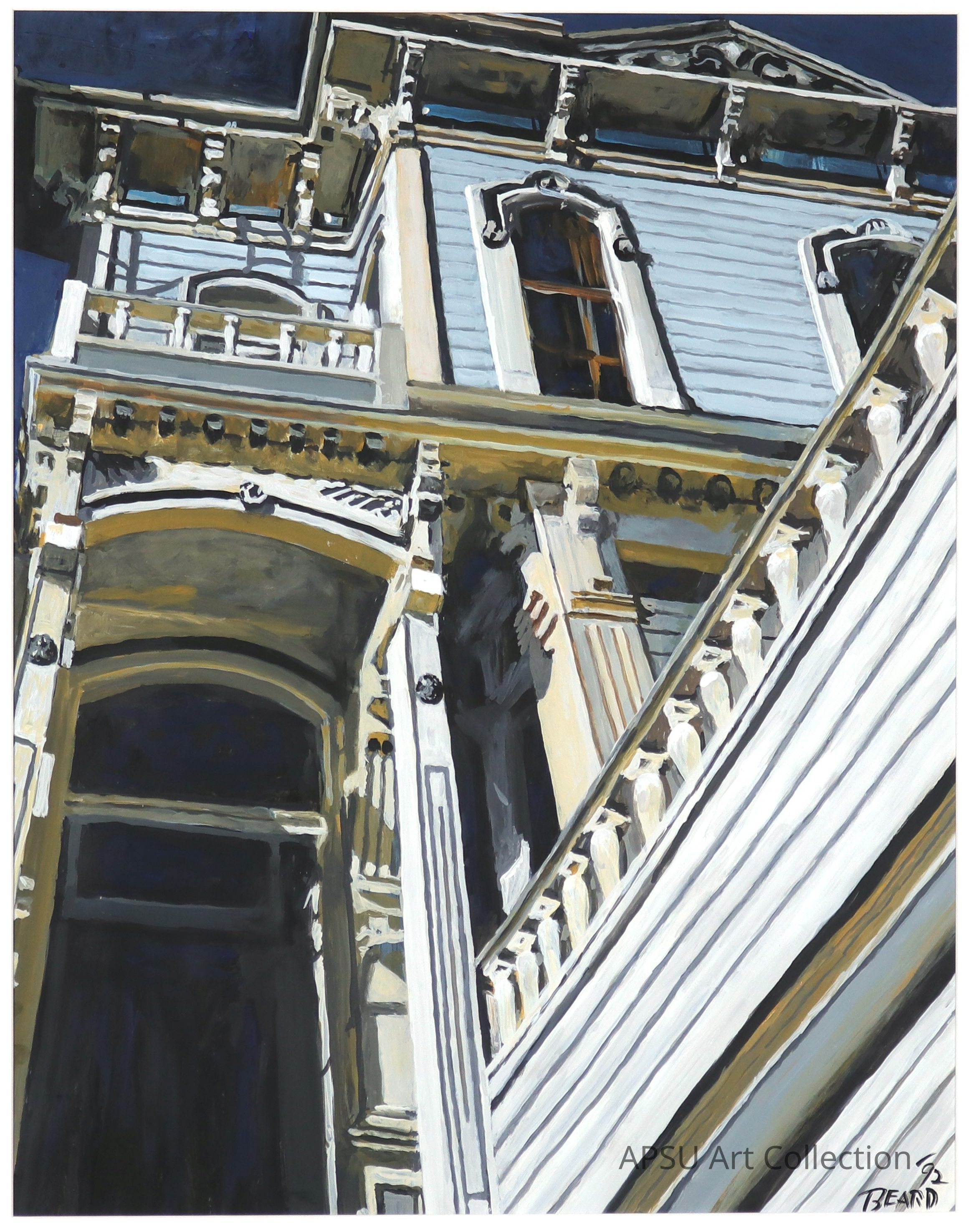 The image is a painting depicting an upward view of an ornate, historic building, showcasing its intricate architectural details. The structure features decorative columns, carved moldings, and elaborate window frames that convey a sense of grandeur and elegance. The light blue facade contrasts with the dark background, highlighting the elaborate craftsmanship of the design. The play of light and shadow across the building's surface adds depth and dimension to the composition, while the angle of the perspective emphasizes the verticality and imposing presence of the architecture.
