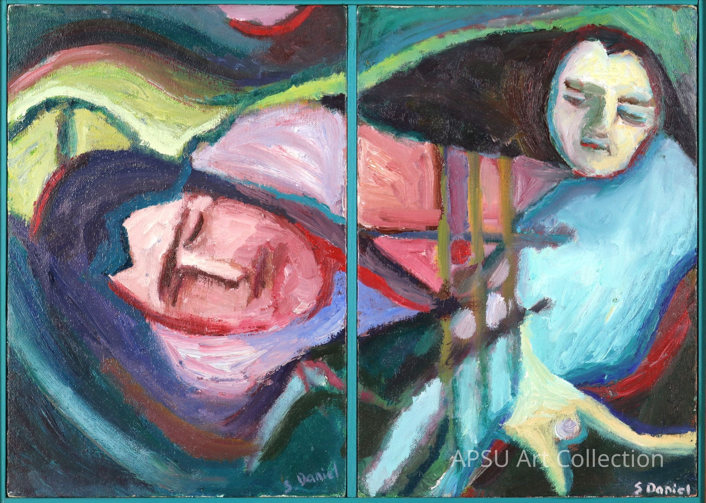 The image features an abstract painting characterized by swirling, vibrant colors such as blues, greens, pinks, and reds, with expressive and emotional brushstrokes that depict two figures with serene, contemplative faces. The left side depicts an upside-down figure enveloped in cooler tones, while the right side displays another face surrounded by warmer hues, both images integrated with layered textures and an element of mystery, conveying a sense of introspection and dynamic movement.
