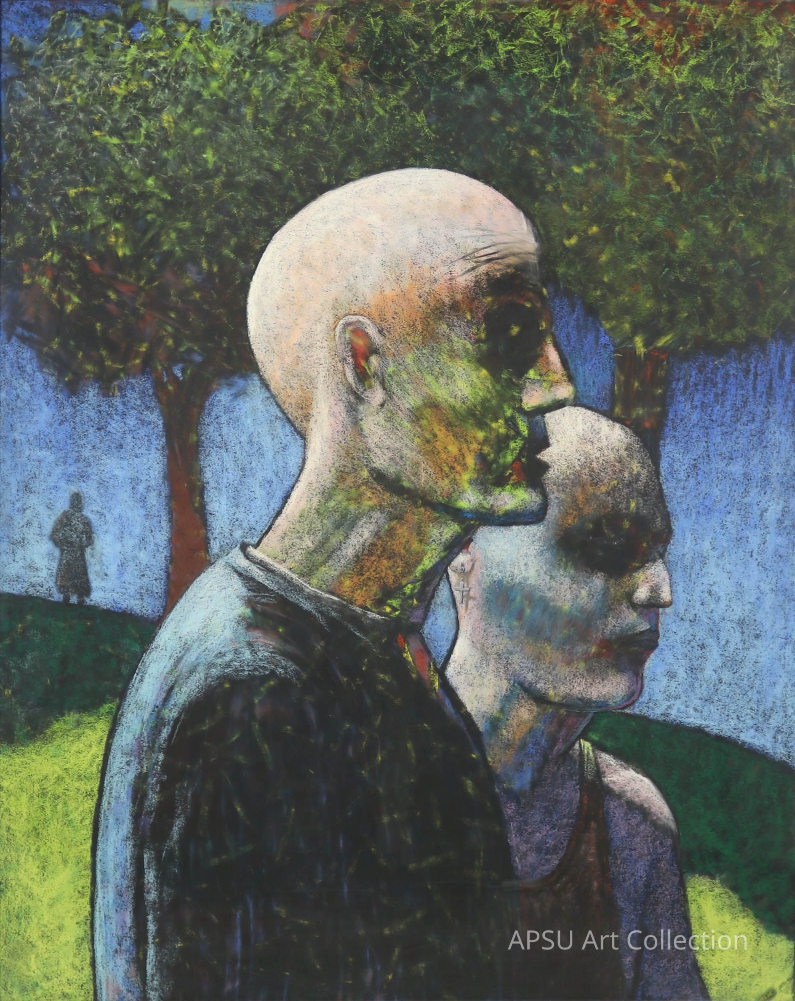 In this expressive artwork, two abstract, bald figures are depicted in the foreground, their faces rendered with a spectrum of colors, suggesting a somber or contemplative mood, while the background features rich, textured foliage and a blue sky, with the silhouette of a solitary figure walking in the distance, adding a sense of depth and mystery to the scene; this composition creates a surreal and dreamlike atmosphere, inviting viewers to interpret the emotions and relationships between the characters and the environment they inhabit.