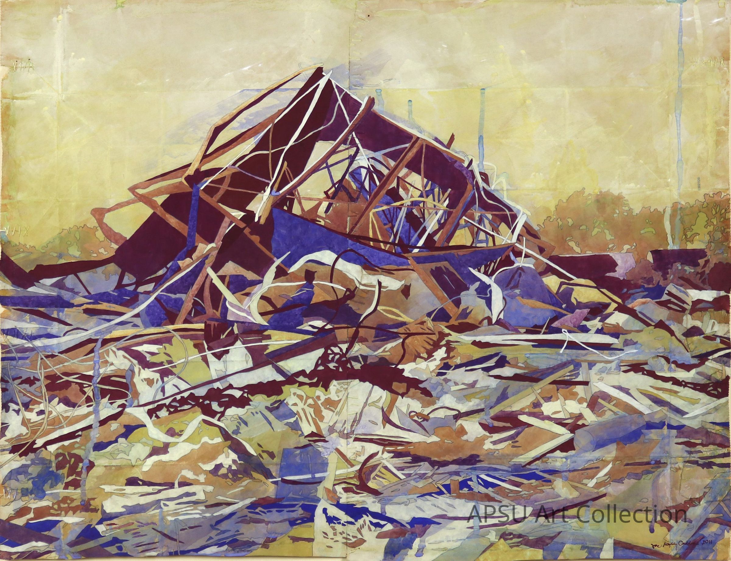 The image depicts a visually complex scene rendered in a cubist style, featuring an assemblage of abstract shapes and geometric forms that resemble a distorted building structure amidst debris. Shades of blue, brown, and ochre dominate the composition, suggesting a chaotic but harmonious interplay of elements, possibly symbolizing destruction and reconstruction. The background hints at a serene environment with subtle outlines of distant trees, contrasting with the foreground's tumult.
