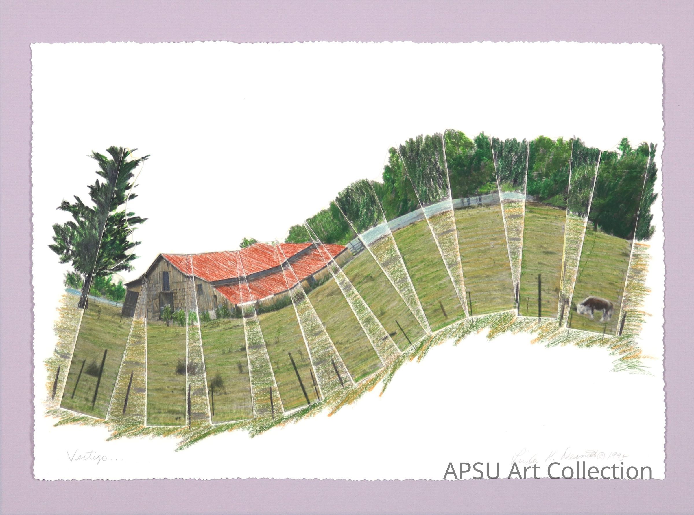 The image depicts a countryside scene with a red-roofed barn and surrounding trees and fields, artistically rendered in a series of fan-like, fragmented panels, creating a sense of motion or distortion; a winding fence and grazing animal are visible, adding to the pastoral ambience, and the artwork is bordered by a pale, textured frame, giving it a vintage or scrapbook appearance, with the word "Vertigo" inscribed in the lower left corner, suggesting a theme of disorientation or altered perception.