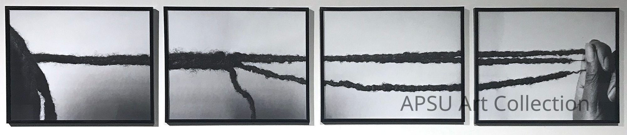 The image depicts a sequence of four black and white framed photographs arranged horizontally on a wall; each captures different segments of hair extending across the frames. The sequence starts with an abstract form in the first frame and progressively reveals the hair stretched and held by a human hand by the fourth frame, creating a visual narrative of tension and connectivity.