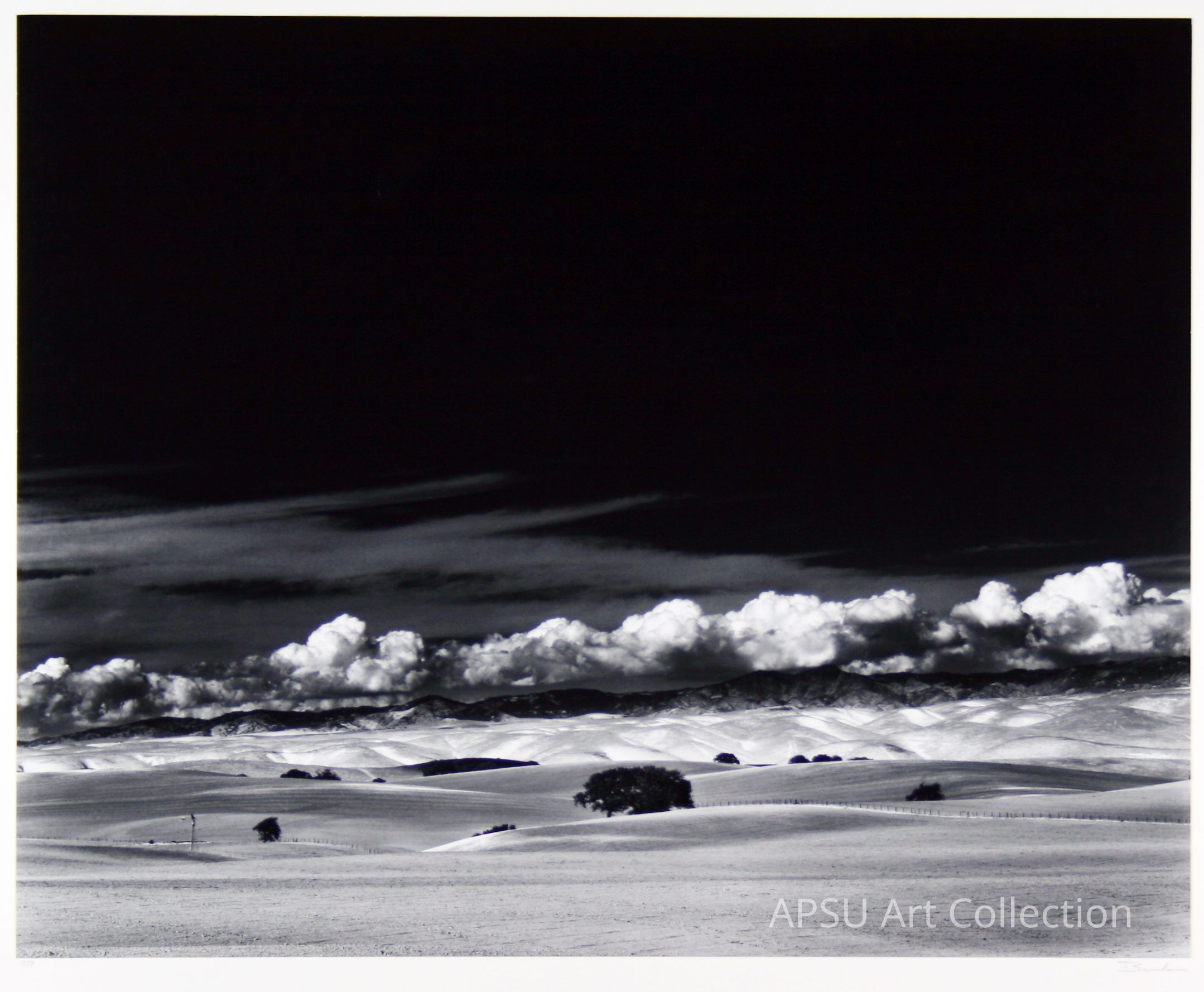 In this captivating black and white photograph, the landscape showcases rolling hills stretching into the distance, speckled with a few lone trees that emerge from the otherwise smooth and textured terrain. Above the scene, a dramatic sky forms a striking contrast, with a deep, dark background accentuating the fluffy clouds that hover over the distant mountains. The immensity of the sky dominates the composition, adding an element of vastness and depth.