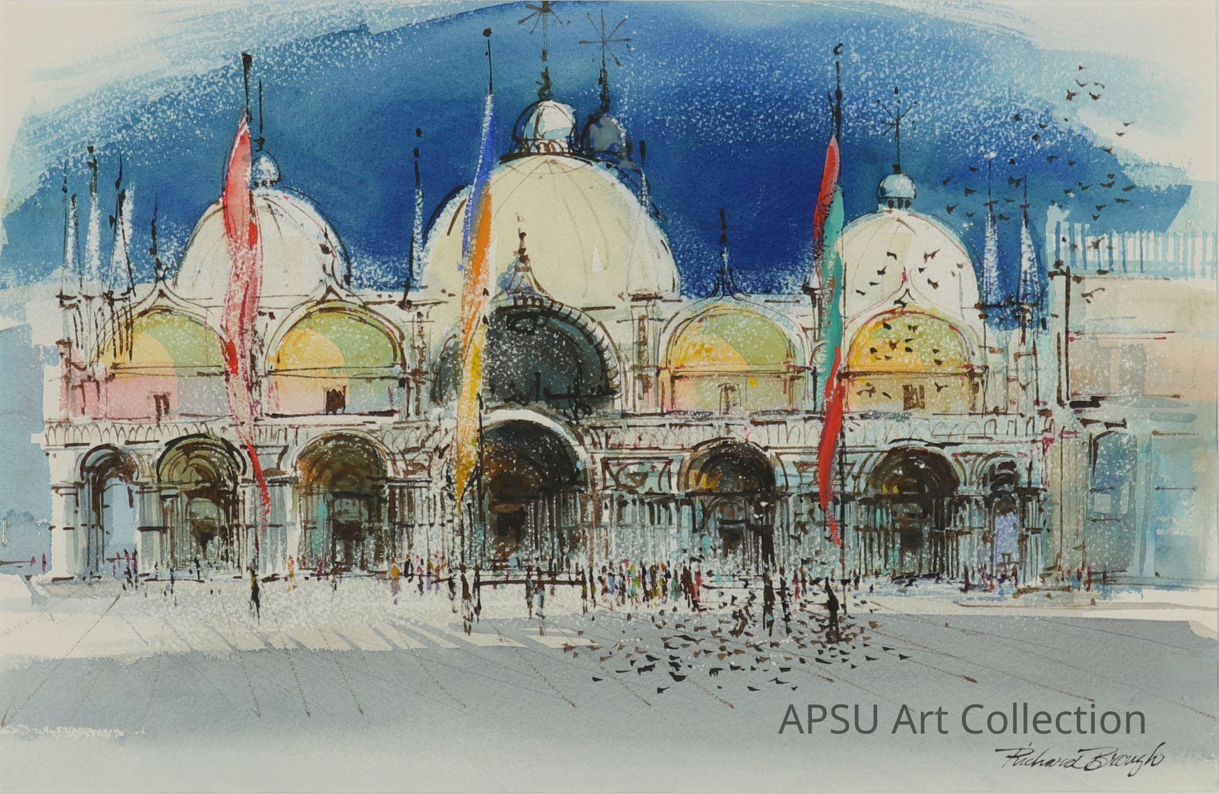 The image showcases a watercolor painting of a grand architectural structure featuring multiple domes, large arches, and elaborate details; vibrant colors such as shades of blue, yellow, and red give life to the scene, while colorful flags flutter in the foreground, adding movement and festive atmosphere to the composition. The foreground depicts a bustling square with numerous small figures that suggest people walking or engaging with one another, and black scattered marks resembling birds add a dynamic element to the painting. The entire artwork has a lively yet elegant style