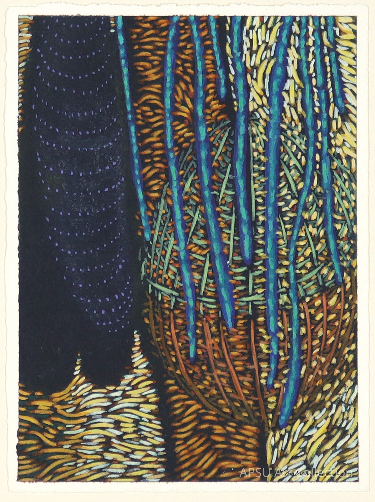 This vibrant abstract artwork features a dynamic interplay of colors and textures, with swirling patterns of bright orange and yellow creating a vivid contrast against deep blue and black sections; tangled lines weave across the canvas, forming intricate shapes and textures that evoke a sense of movement and depth, while small dots of blue add highlights and intricacy to the composition, suggesting a richly textured surface that invites closer inspection; the artwork appears to blend elements of nature with abstract forms.