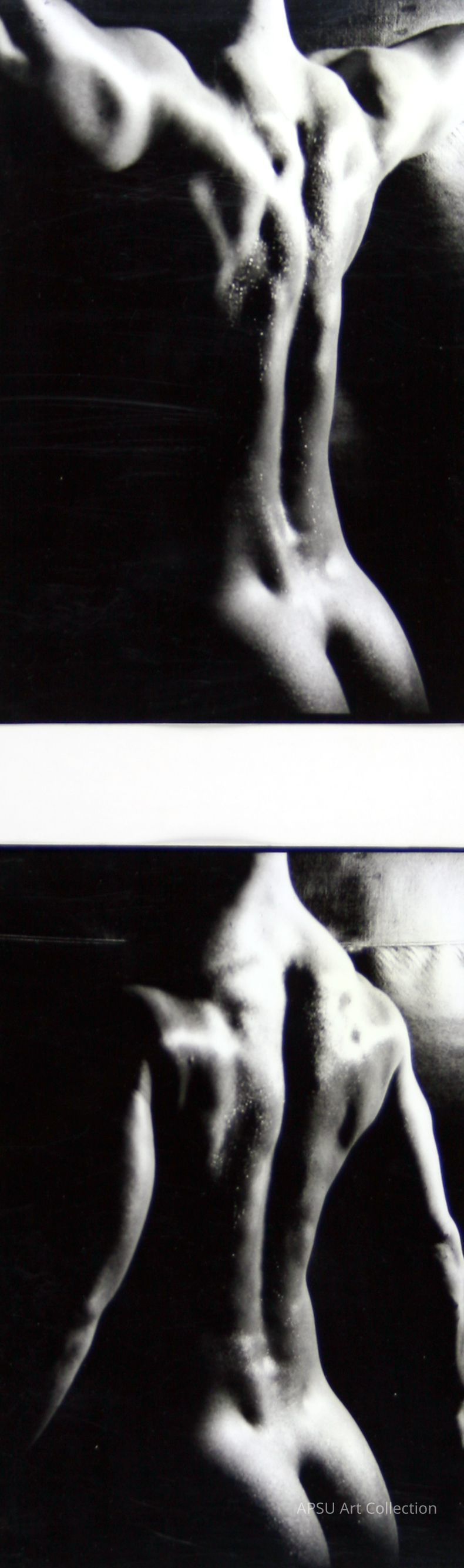 The image presents a black-and-white photograph of a nude human torso, depicted with a strong play of light and shadow that accentuates the muscular definition and curves of the figure, emphasizing the artistic qualities of form and texture against a dark background, thereby creating a dramatic and visually striking contrast that invites contemplation of the human body's aesthetic and sculptural elements, suggesting themes of strength, vulnerability, and beauty in simplicity, ultimately offering a timeless appreciation of the physical form through abstract interpretation.