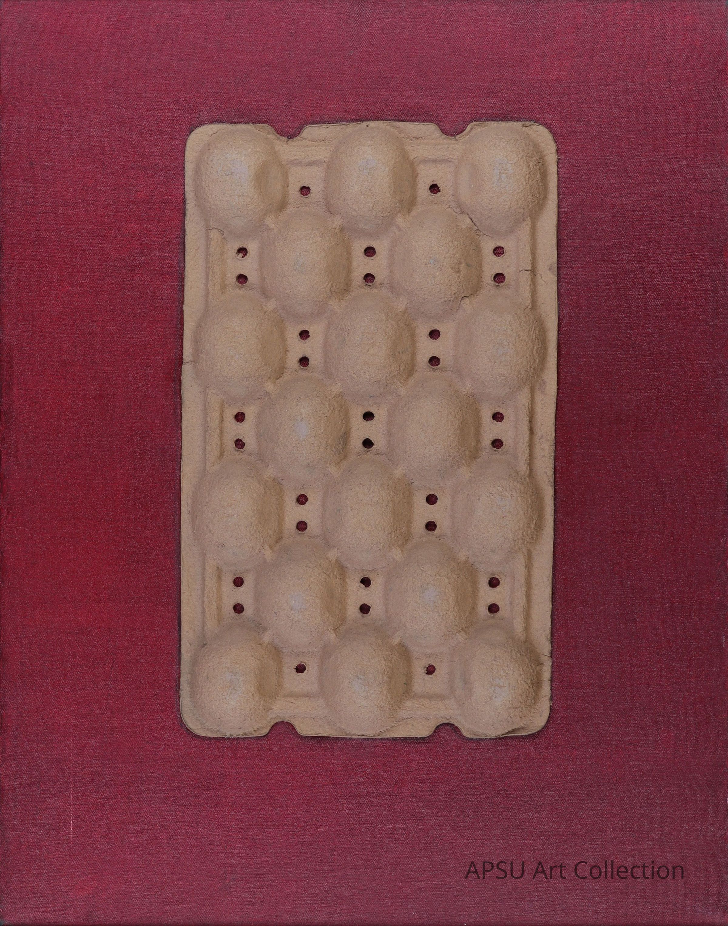 Armano No17: The image features a framed artwork with a textured, three-dimensional element at its center, resembling an egg carton with a pattern of domed shapes, placed against a vivid red background, creating a striking contrast within a simple black frame, evoking a sense of modern artistic style that challenges the viewer to consider everyday objects as elements of art.