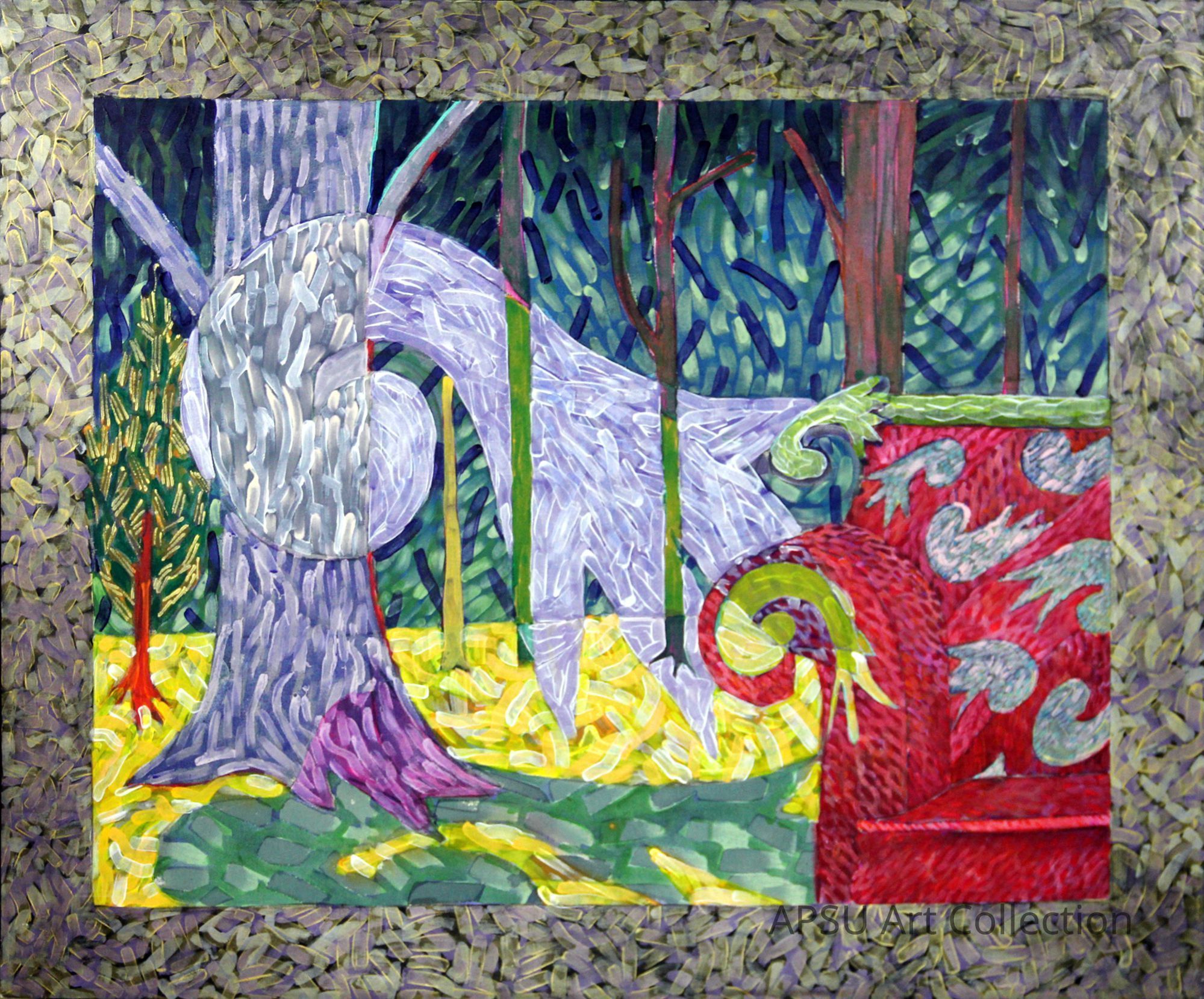 The image is a colorful, abstract painting depicting a forest scene with swirling patterns and vivid colors. In the foreground, a large, textured tree trunk, painted in shades of purple and gray, stands prominently. Surrounding it are swirling, flowing shapes of white and green that resemble flowing fabric or ribbons. To the right, a patterned, red object with intricate designs, possibly representing a chair or sofa, adds an element of mystery. The background consists of tall, slender trees in blue and green hues.