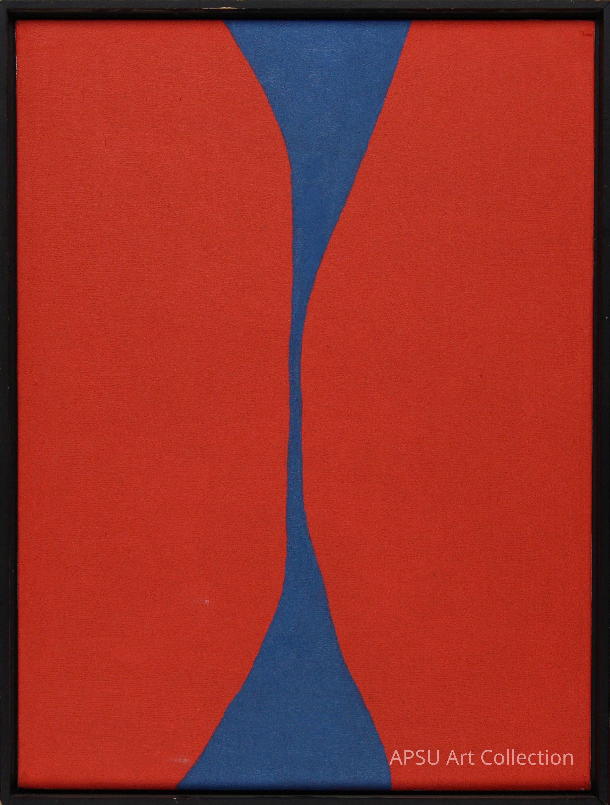 The image depicts an abstract painting featuring a bold and vivid composition, where a striking blue shape reminiscent of an hourglass figure vertically bisects the rectangular canvas, set against a vibrant red background, creating a captivating contrast that draws the viewer's eye towards the center; the use of geometric simplicity and contrasting colors evokes a sense of tension and harmony simultaneously, perhaps suggesting themes of balance and duality, while the black frame subtly encapsulates the artwork, emphasizing the vivid interplay between the two primary colors.